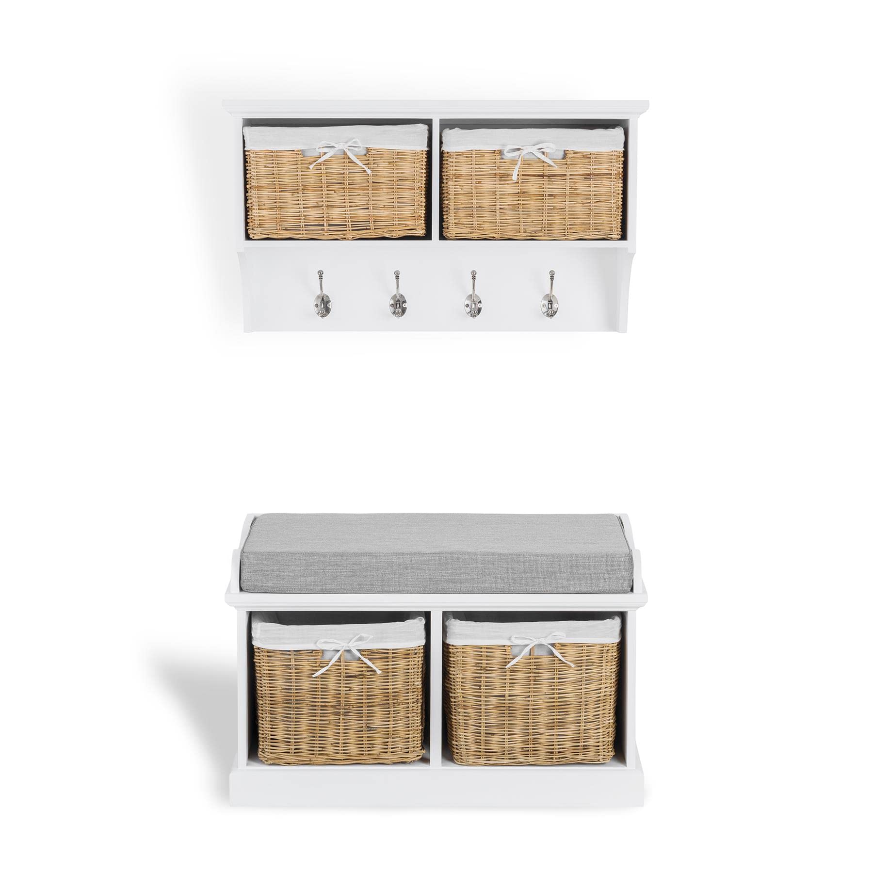 Tetbury White Bench And Hanging Shelf With Baskets 77cm Hallway