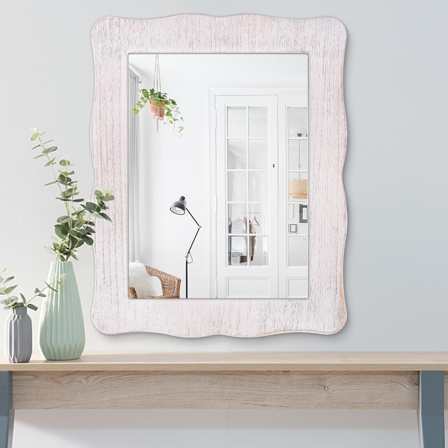 Lzuso Wall Mirror Small White Frame Wood Rectangular Mirror for Wall Irregular Wave Rustic Mirror Hanging for Bathroom Bedroom Entryway Decorative Vintage Mirrors