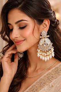 Kundan Chandbali Earrings with Pearl Drops, Gold-Toned, Bridal Indian Traditional Jewellery Price In India