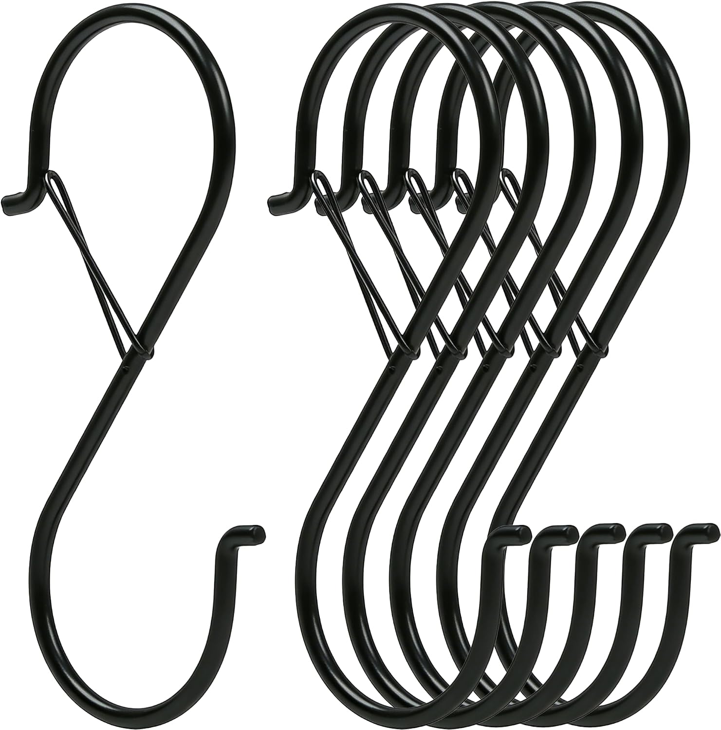6 Pack 5 Inch S Hooks for Hanging, Heavy Duty S Hooks with Safety Buckle, S Shape Hooks for Hanging Kitchen Utensils, Pots and Pans, Cups, Plants, Clothes and Bags, Black