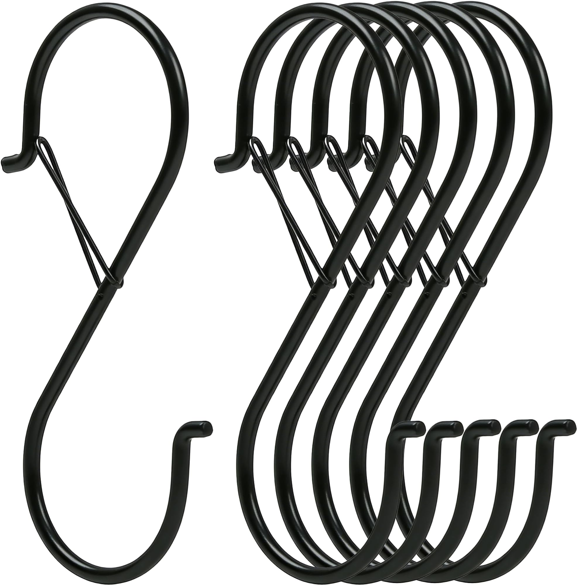 6 Pack 5 Inch S Hooks for Hanging, Heavy Duty S Hooks with Safety Buckle, S Shape Hooks for Hanging Kitchen Utensils, Pots and Pans, Cups, Plants, Clothes and Bags, Black