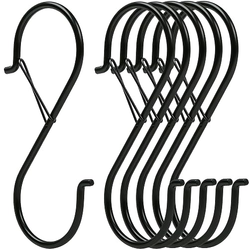 Ansxiy 6 Pack 5 Inch S Hooks for Hanging, Heavy Duty S Hooks with Safety Buckle, S Shape Hooks for Hanging Kitchen Utensils, Pots and Pans, Cups, Plants, Clothes and Bags, Black