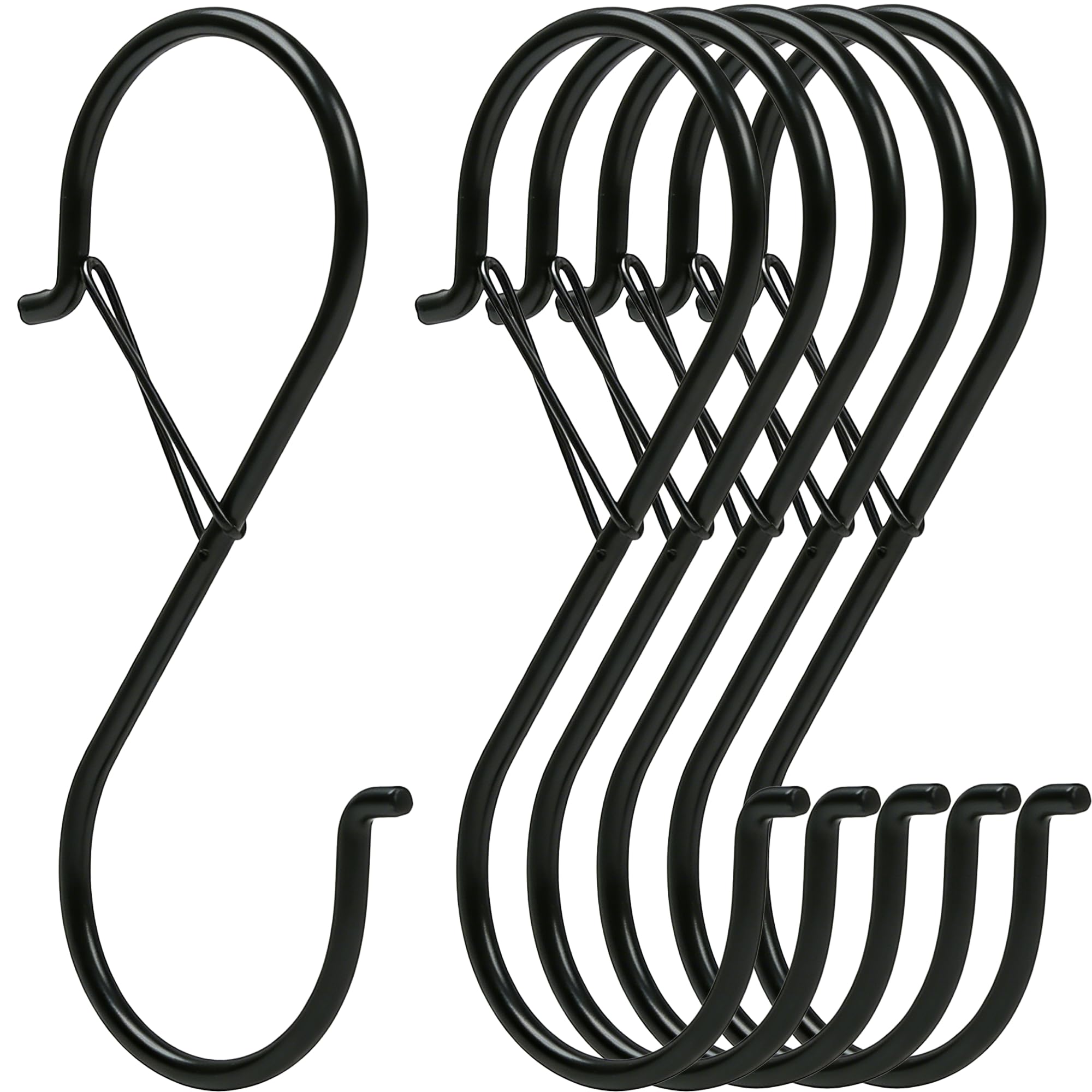 6 Pack 5 Inch S Hooks for Hanging, Heavy Duty S Hooks with Safety Buckle, S Shape Hooks for Hanging Kitchen Utensils, Pots and Pans, Cups, Plants, Clothes and Bags, Black