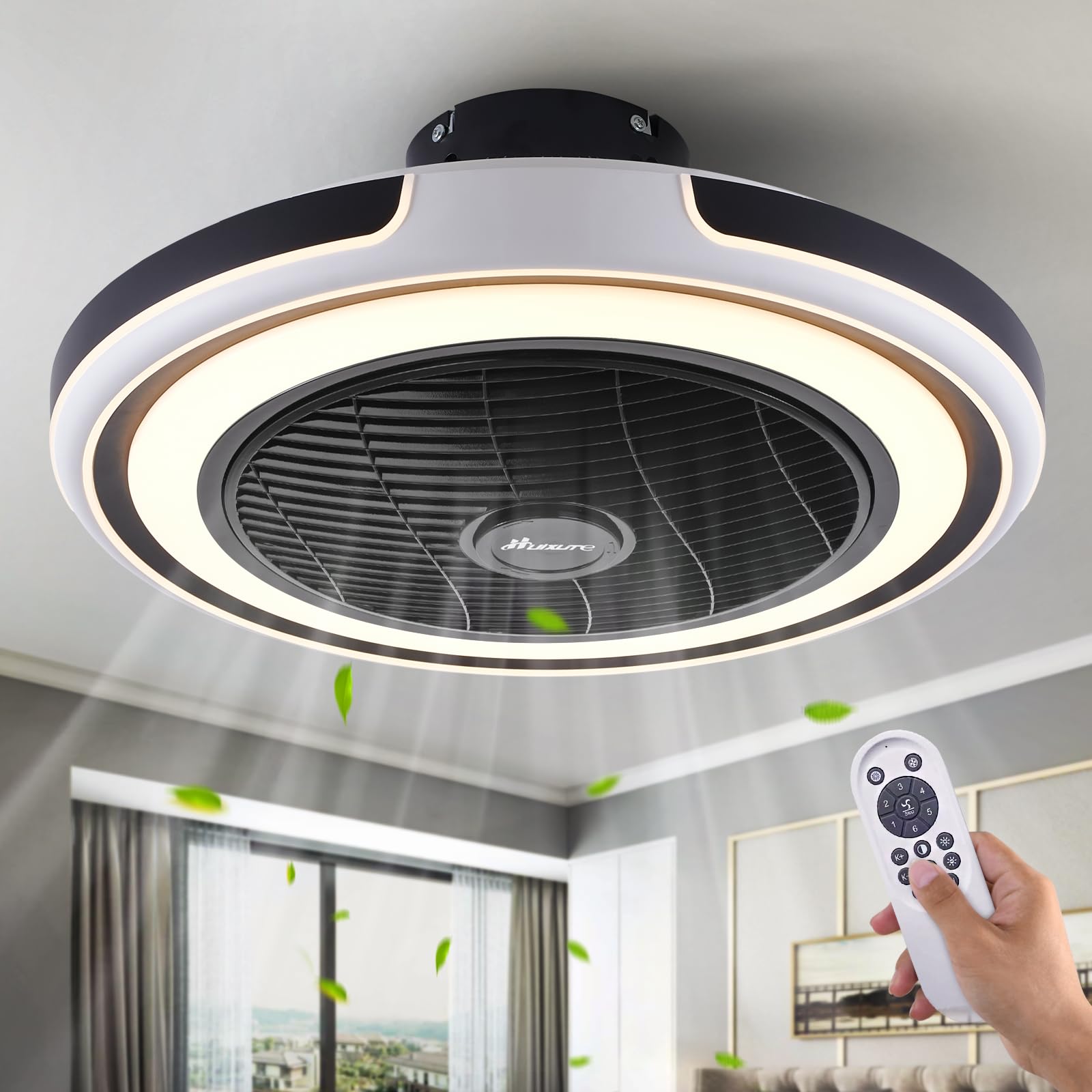 HuixuTe 21 in Modern Ceiling Fan with Light Remote Control, 3 Colors 3 Speeds Enclosed Ceiling Fan, Low Profile Fush Mount Ceiling Fan with Light for Bedroom Living Room
