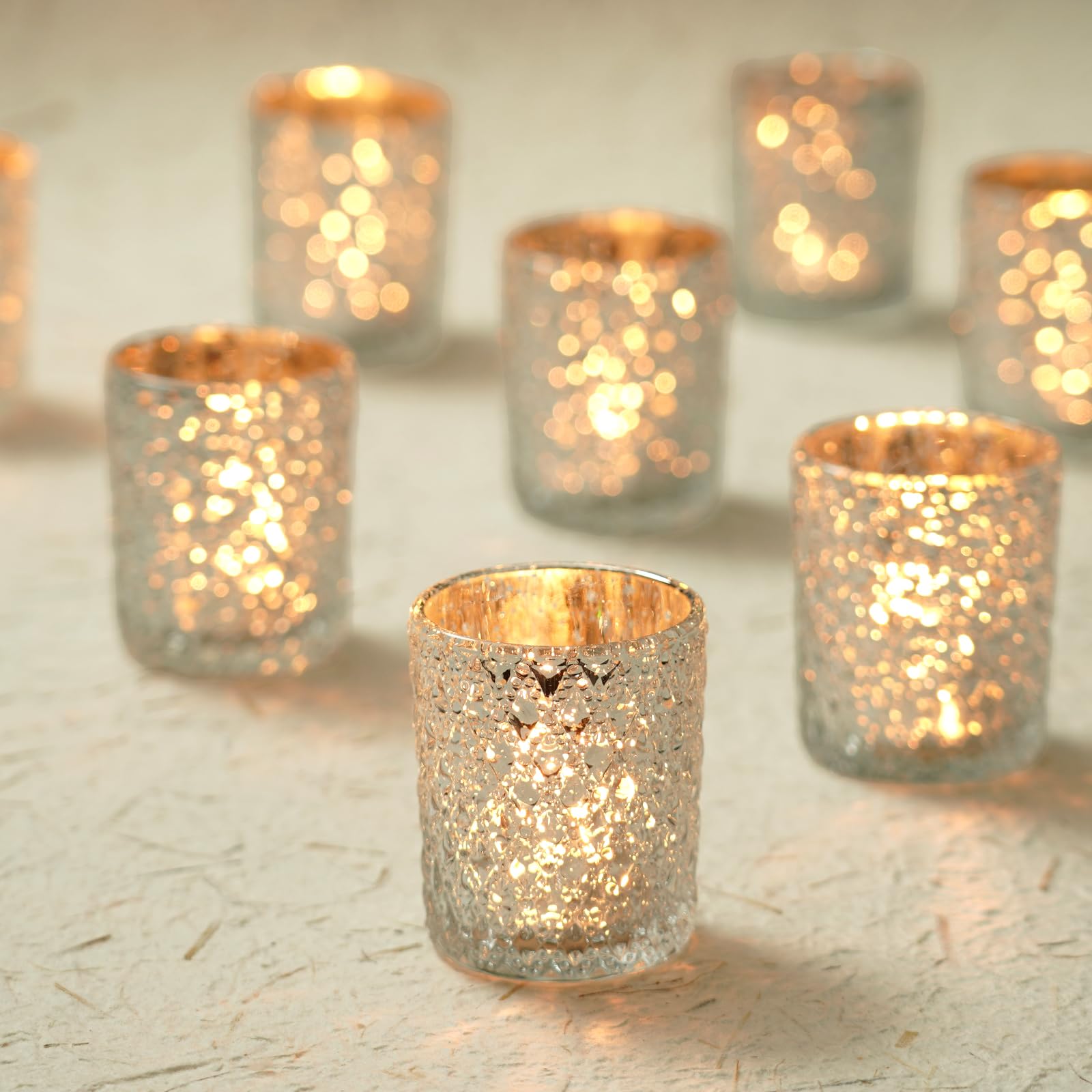 Homemory 12 Pack Silver Glass Votive Candle Holders, Tealight Candle Holder, Vintage Candle Holders Bulk for Table Centerpieces, Christmas, Baby Showers, Birthday, Wedding, Party