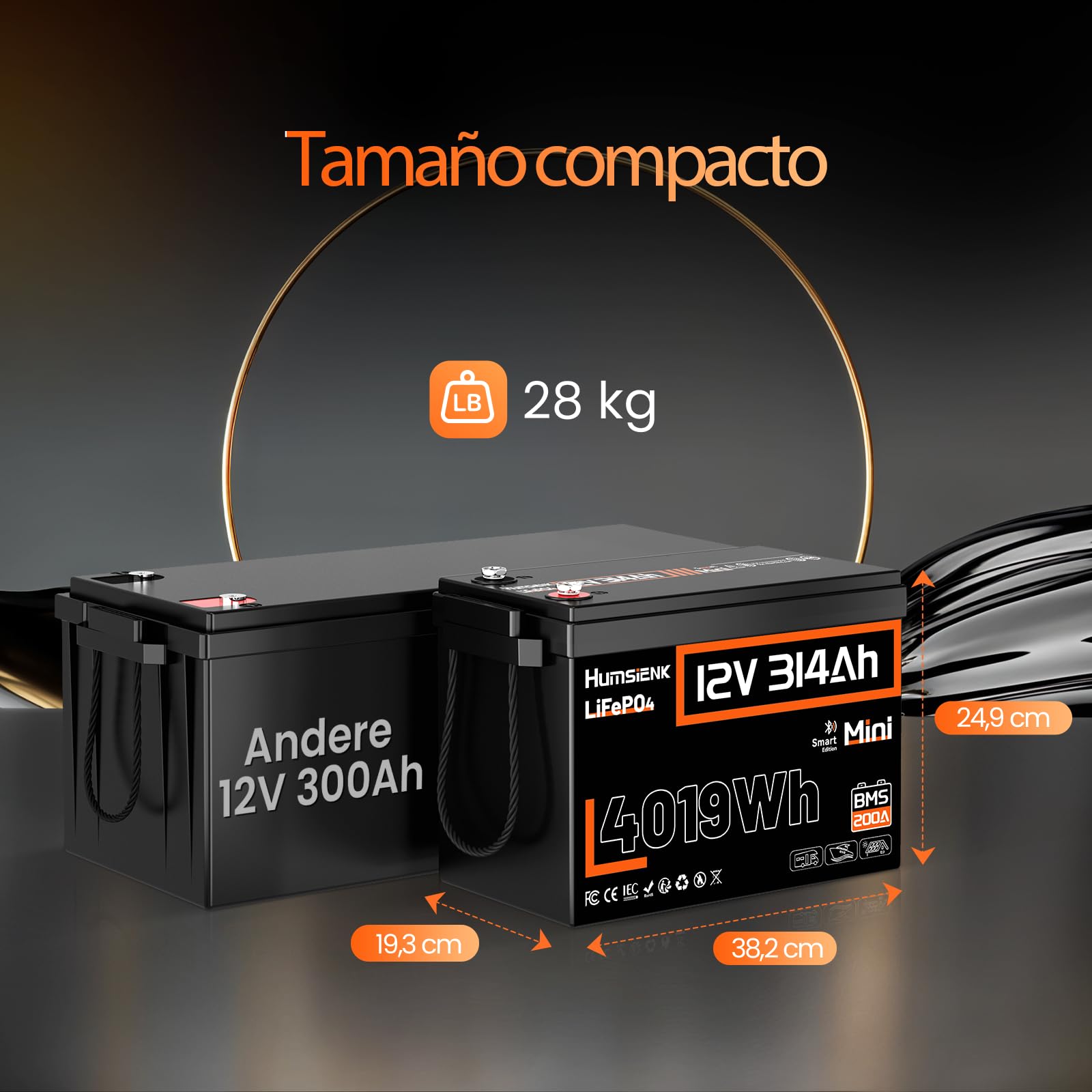 Humsienk Batería Litio LiFePO4 12V 314Ah con Bluetooth, 4019Wh, 200A BMS con Protección de Baja Temperatura, hasta 6000 Ciclos, Batería Recargable para Autocaravana, Barco, Placa Solar y Caravana