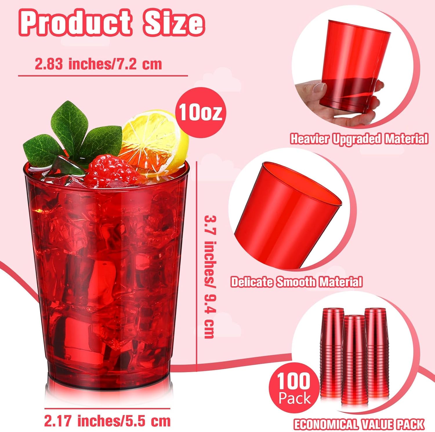 Minatee 100 Count Plastic Cups Disposable Fancy Cups Heavy Duty Wine Cocktail Glasses for Galentine's, Valentine's, Wedding, and Birthday Party Supplies Plastic Drinking Tumblers(10 oz,Red) - Image 3