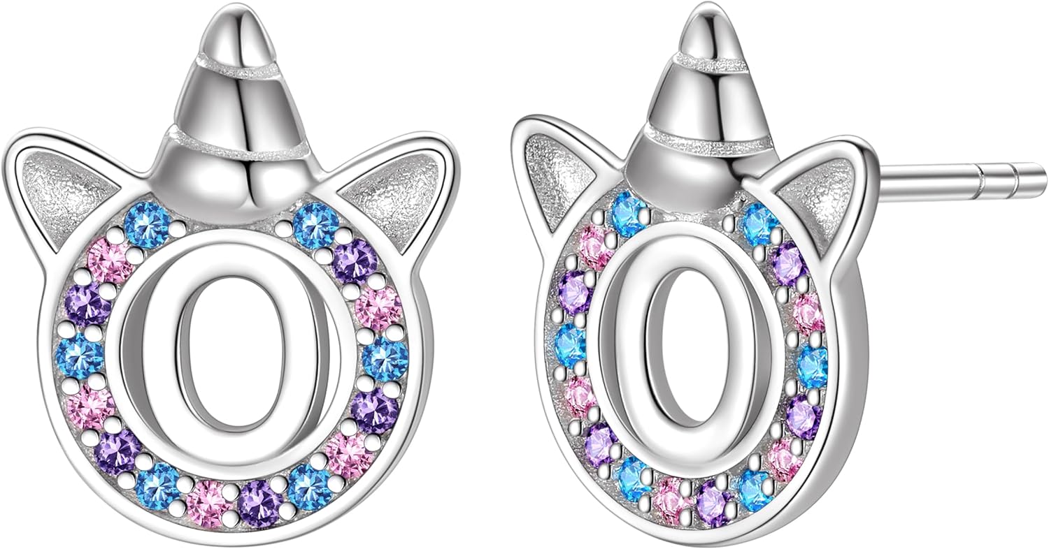 Unicorn Initial Earrings for Girls Women, 925 Sterling Silver Alphabet Stud, Ideal Initial Letter Stud Earrings Birthday Gifts for Girls Women