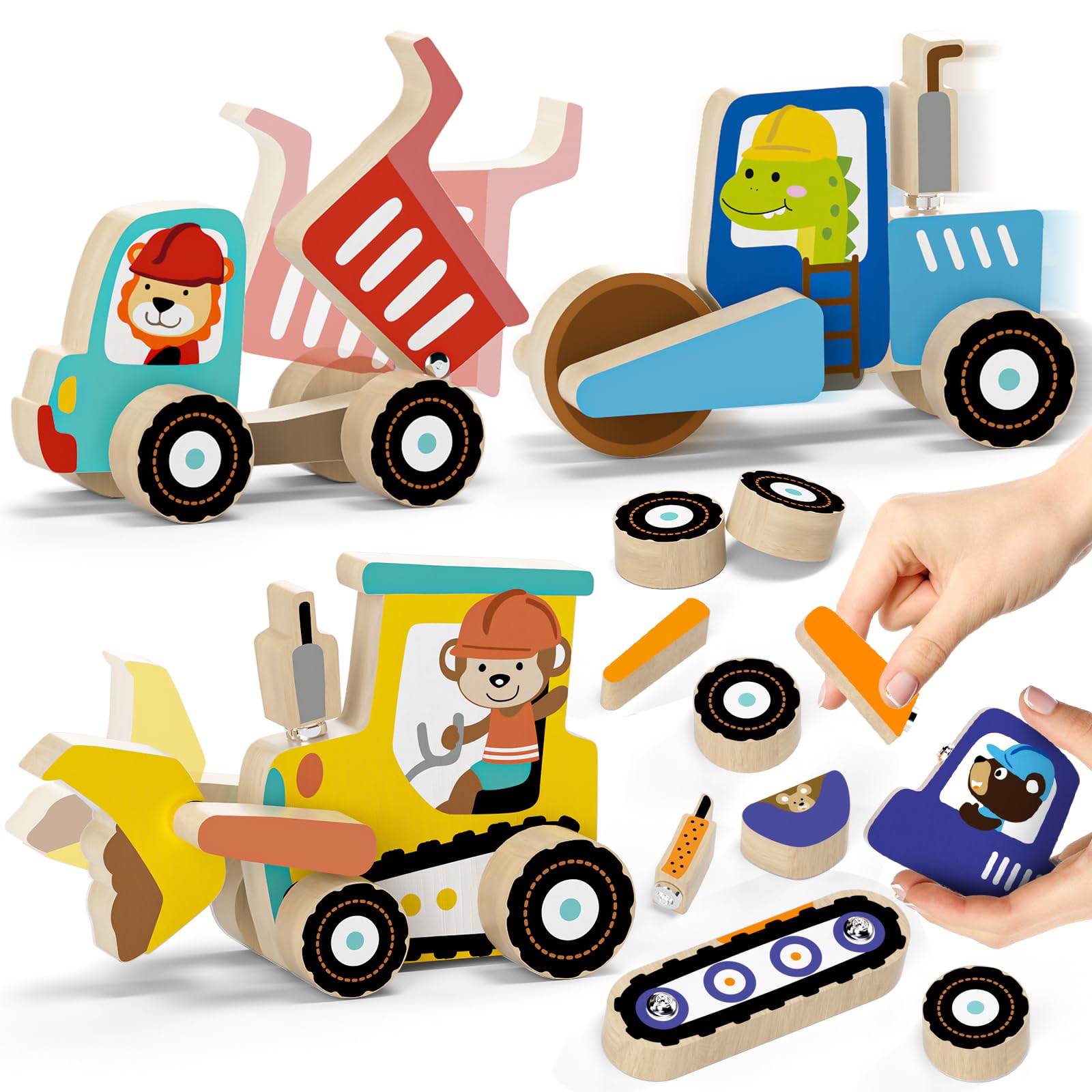 Lehoo Castle Montessori Toys for 3 Year Old, Take Apart Construction Truck STEM Toy for 3-4 3-5 4-5 Year Old Boys, Snap Together Wooden Educational Learning Building Toys Gift for Toddlers