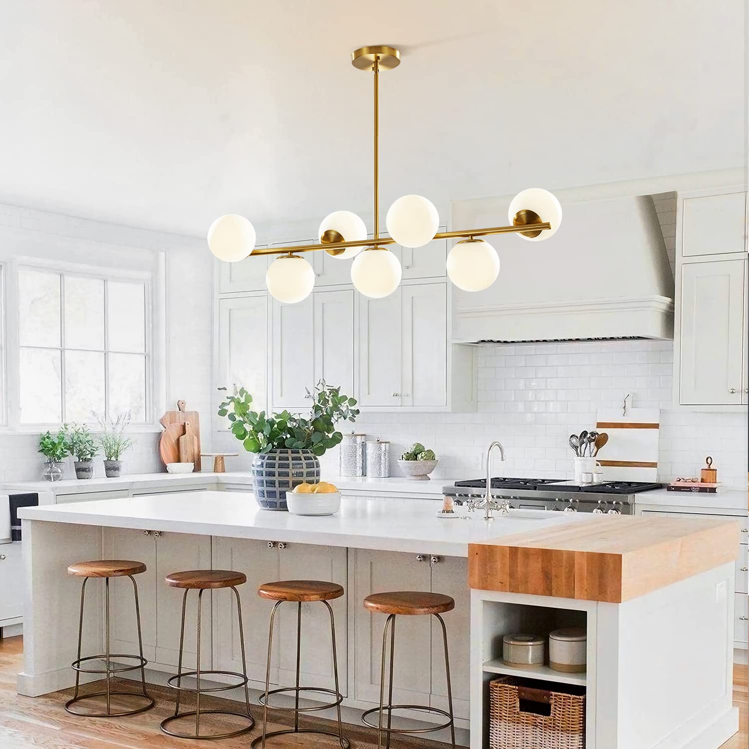 KCO Lighting Lámparas de Comedor Modernas de Metal Dorado, Lámpara Colgante de Isla de Cocina de Vidrio Blanco, 7 Luces, E27, Lámpara Colgante de Bola de Isla de 80 cm de Altura Ajustable