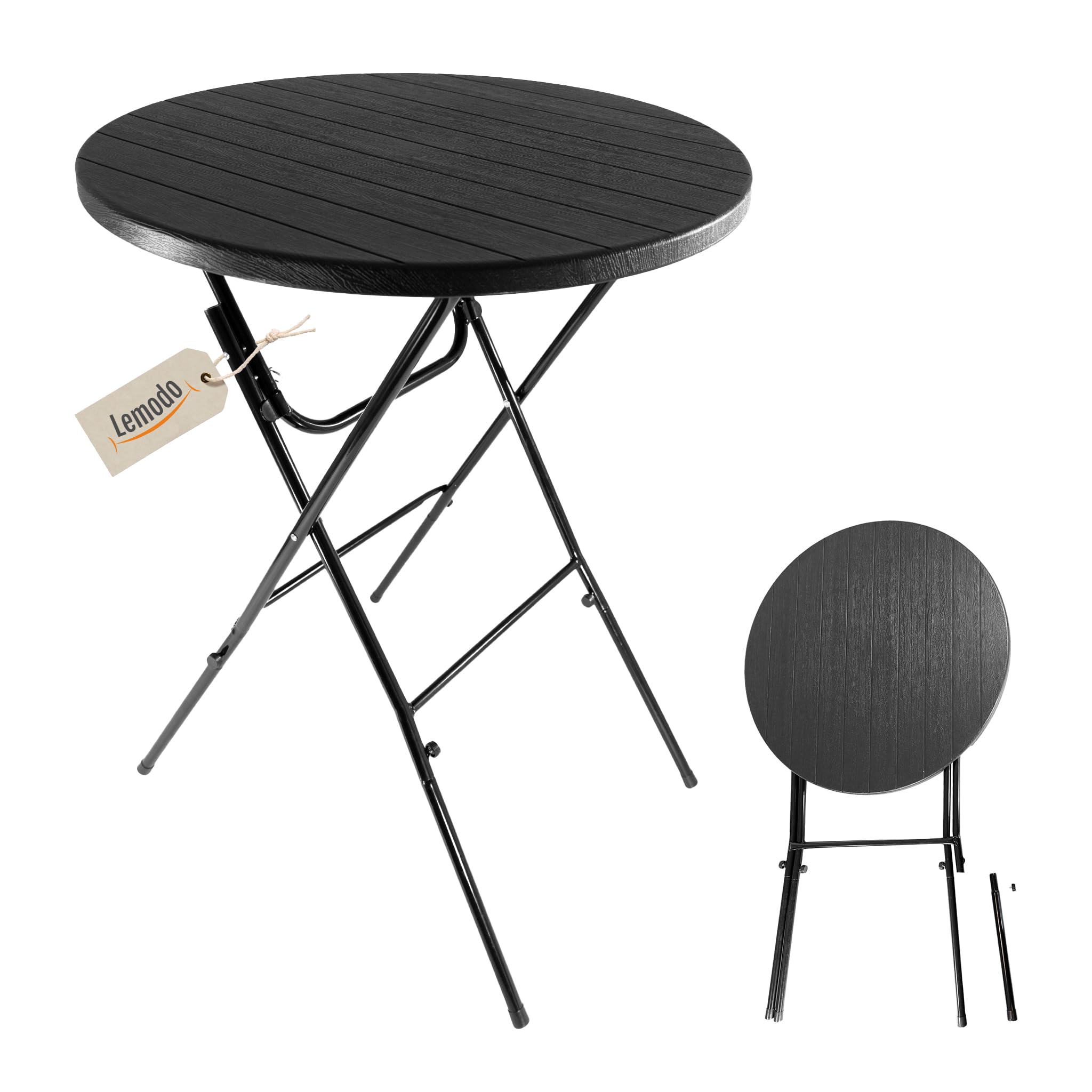 Lemodo Stehtisch klappbar 80 cm (Höhe 110 cm, bis 50 kg belastbar) schwarz Holz-Optik – mit Kunststoff-Tischplatte & Stahlgestell, abnehmbare Beine, platzsparend für Gartenparty, Hochzeit & Balkon