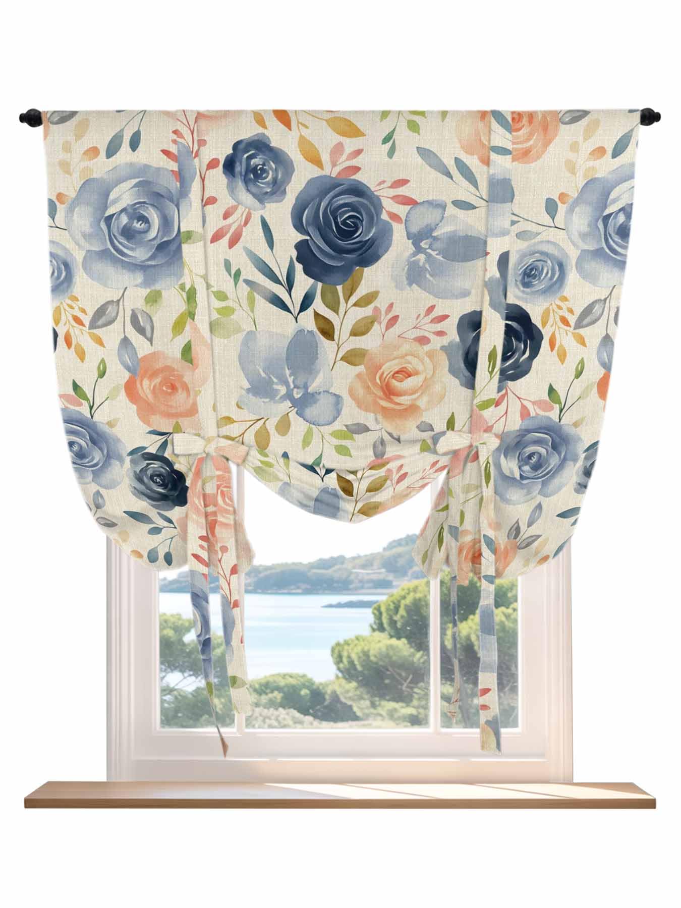 Tie Up Curtains for Windows Colorful Flowers Roman Shade 42 x 63 Inch Bathroom Curtain Window Watercolor Retro Blue Pink Floral Rod Pocket Short Balloon Curtains for Living Room Kitchen Small Blinds