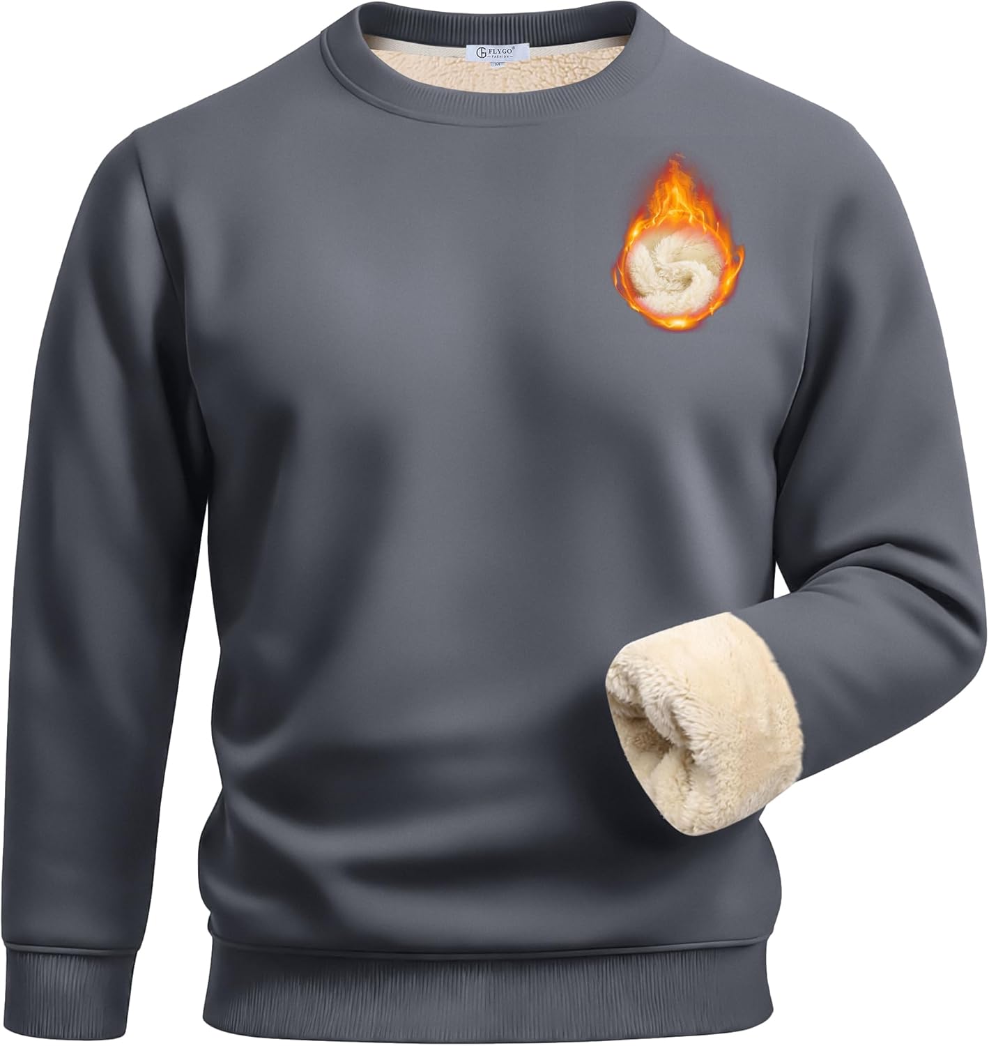 Flygo Men’s Warm Sherpa Lined Crewneck Sweatshirts Fleece Pullover Tops Heavy-weight Thick Thermal Cotton Sweat-Shirts