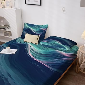 Abstract Sheets Twin Size Bed, Wave Pattern Bedding Sheets & Pillowcases - 16 Inch Deep Pocket, Super Soft Microfiber Printed Sheet Set 3 Piece