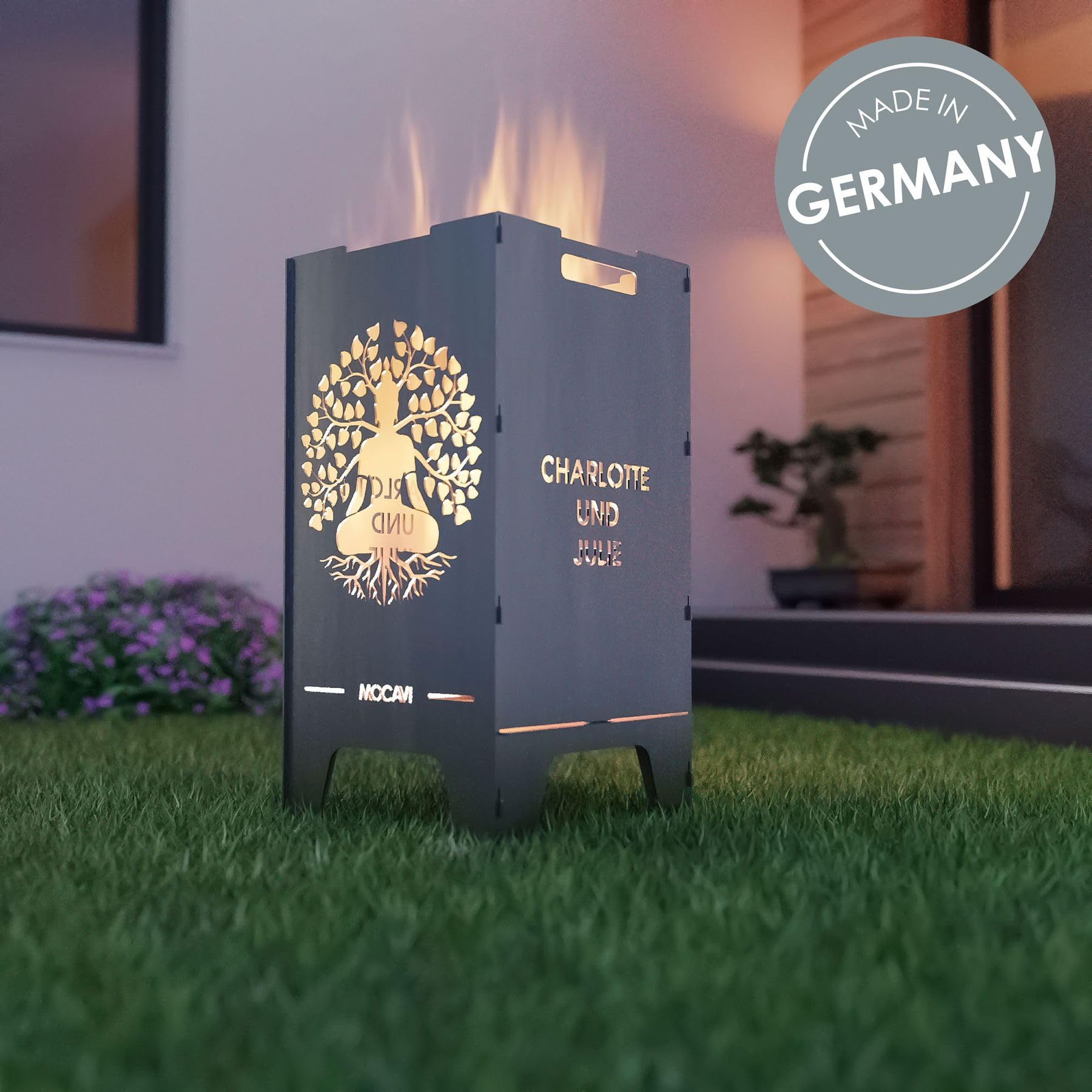 MOCAVI Feuertonne Lebensbaum 73 cm | 3 mm Stahl personalisiert Feuerkorb Feuerschale sicher massiv robust Design-Feuerfass für Garten und Terrasse groß eckig Feuerstelle Outdoor hitzefest außen