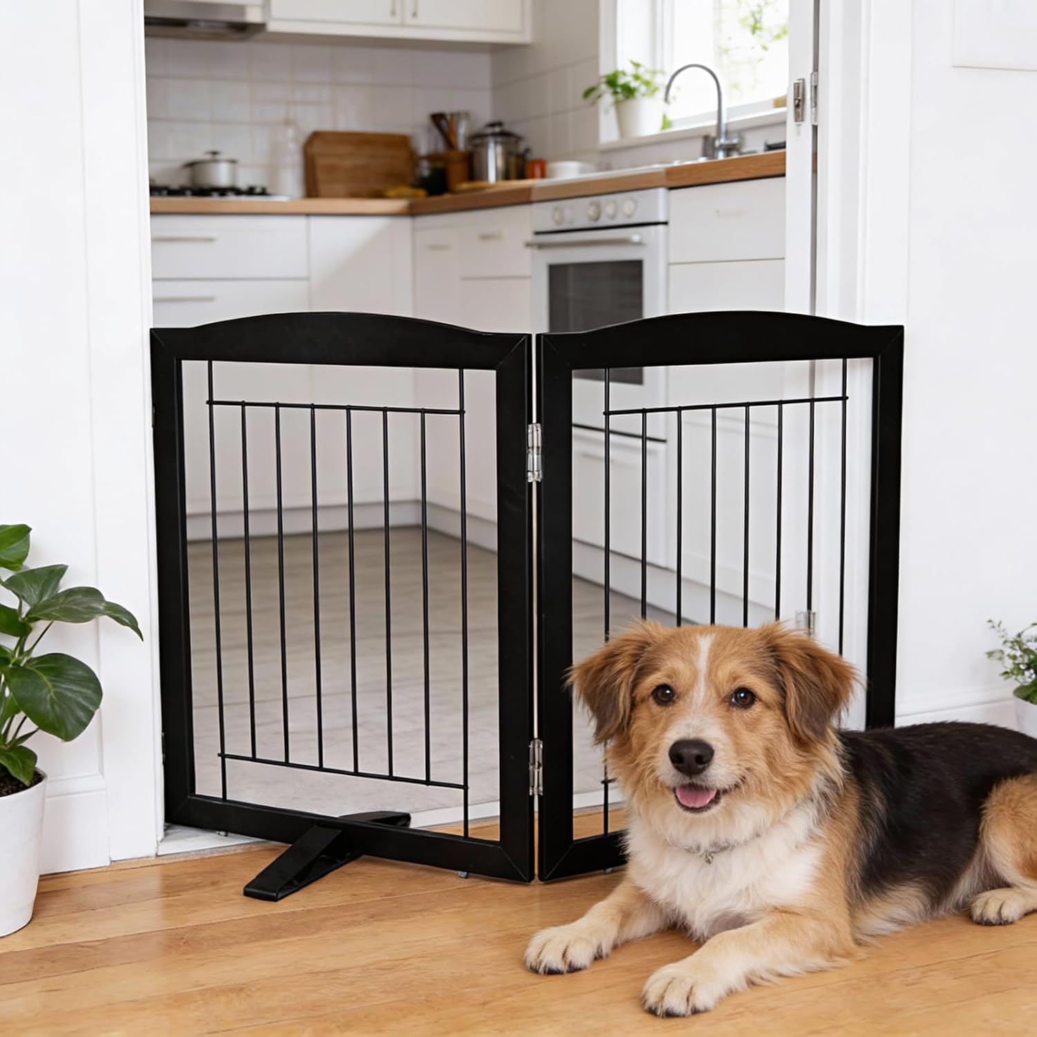 Dog Fence Indoor,Dog Gate Indoor for Doorway pet gate -2-Panel Freestanding, Hallways, House or Stairs -40x24-Inch Retractable Foldable Expandable Wood Pet by SFJC (Black)