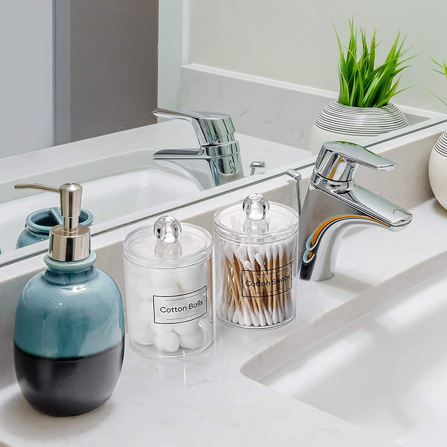 ISHWANKU Qtip Holder Dispenser for Cotton Ball, Swab, Round Pads, Floss - Clear Plastic Apothecary Jar Set for Bathroom Canister Storage Organization, Vanity Makeup Organizer 4