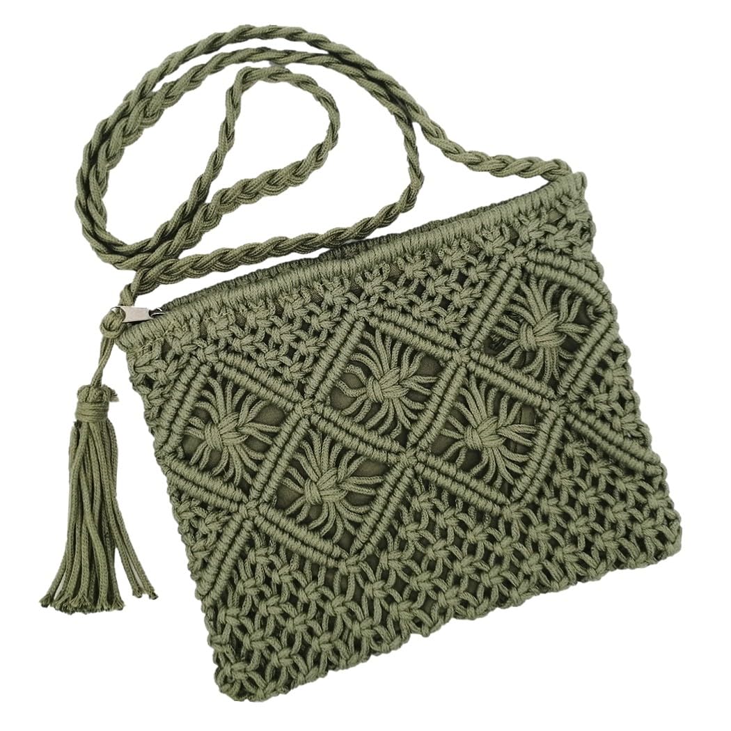 oukesin Borsa a tracolla da spiaggia estiva in nappa fatta a mano in macramè di cotone da donna, 041Verde militare