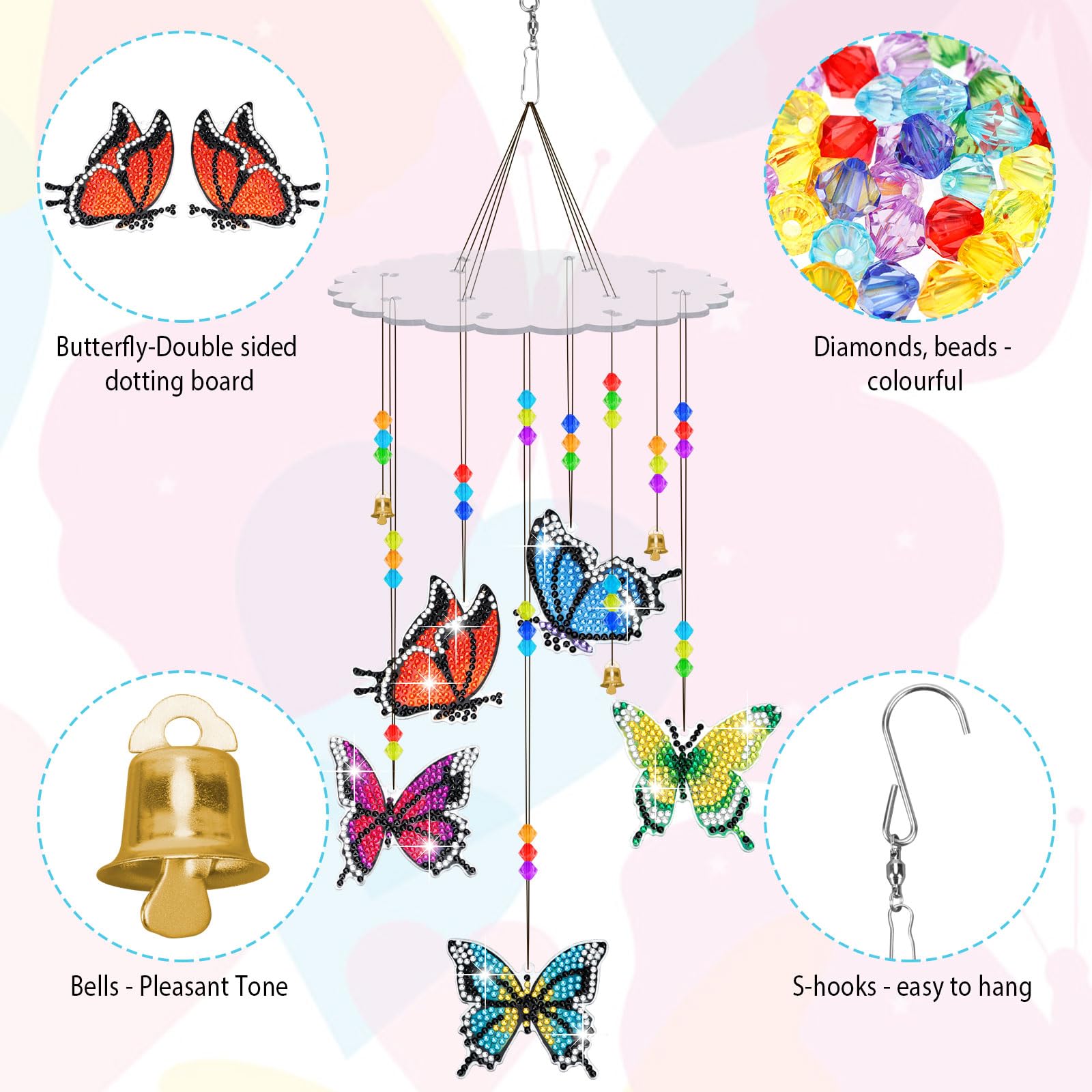 Lot De 5 Kits De Peinture Diamant Attrape-soleil Pour Adultes, Kits De Carillon éolien Pour Débutants, Formes Spéciales, Peinture Gemme Par Numéro Pour Décoration De Jardin, Maison, Cadeau (chat