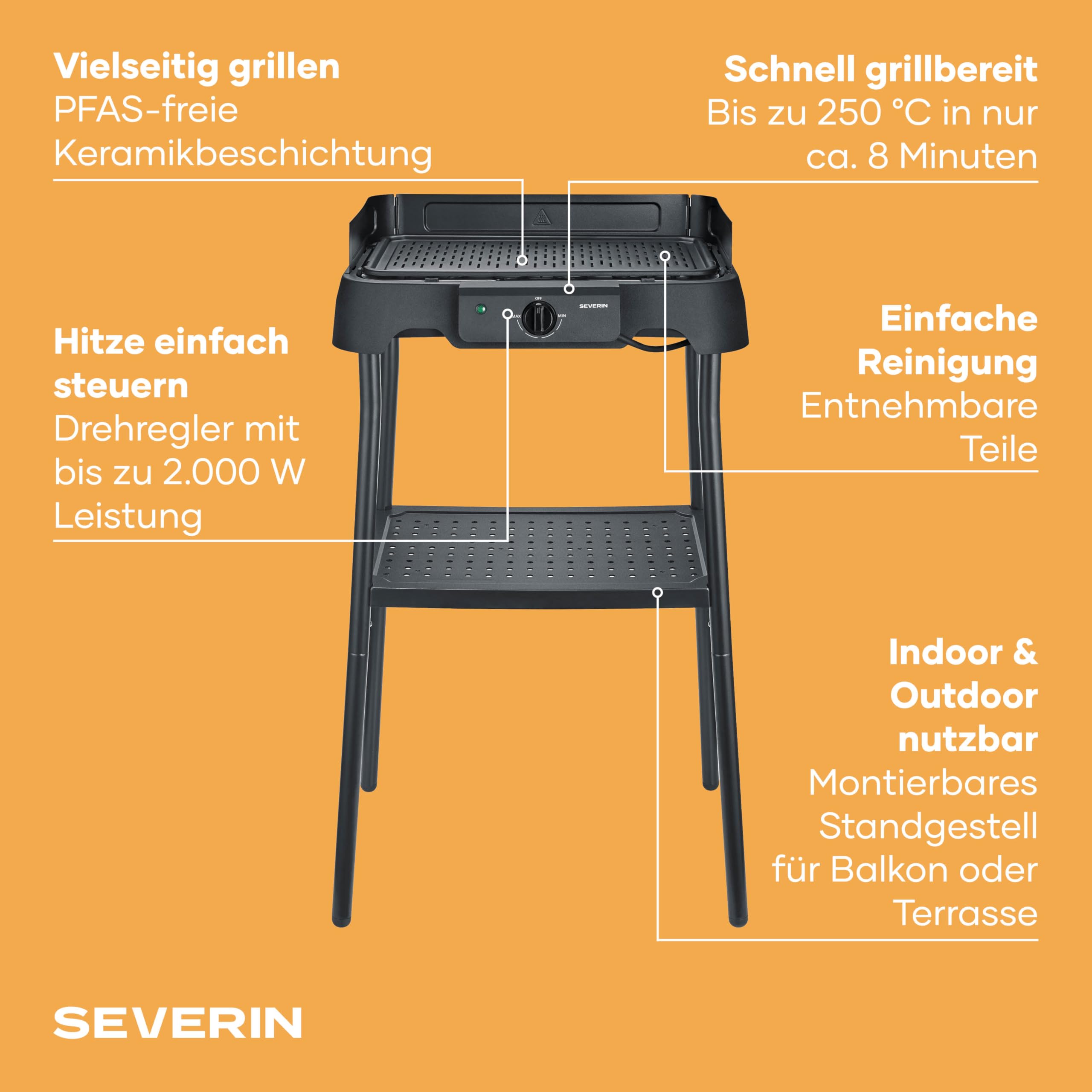 Severin Tischgrill Standgriff 2000W 40-220°C 39x23cm schwarz