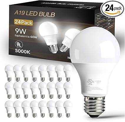 dalattin 24 Pack LED Bulbs Daylight White 5000K, 60 Watt Equivalent A19 Standard Bulbs, E26 Base, 800 LM, Efficient 9W Energy Saving, Non-Dimmable, 80+ CRI, 120V, UL Listed, for Living Room, Office