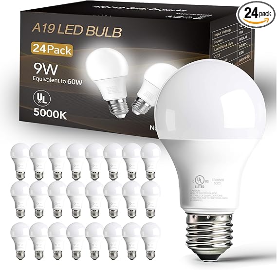 dalattin 24 Pack LED Bulbs Daylight White 5000K, 60 Watt Equivalent A19 Standard Bulbs, E26 Base, 800 LM, Efficient 9W Energy Saving, Non-Dimmable, 80+ CRI, 120V, UL Listed, for Living Room, Office