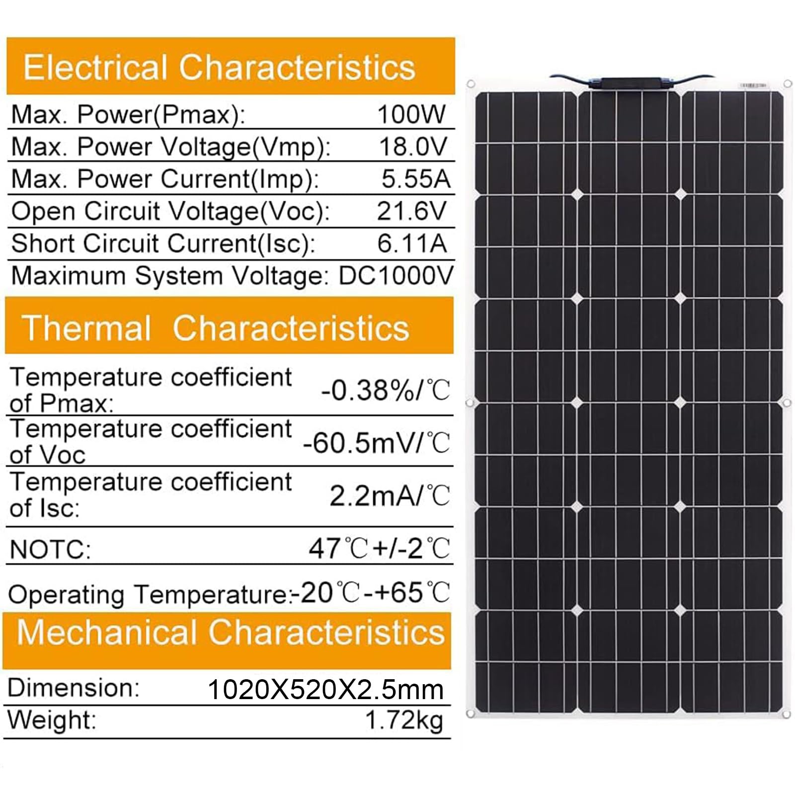 Panel Solar Flexible De 100W, Monocristalino De 18V Con Controlador Solar De 30A, Impermeabilización IP67 Y Módulos Solares De Alta Eficiencia Para Techos, Vehículos Recreativos Y Más