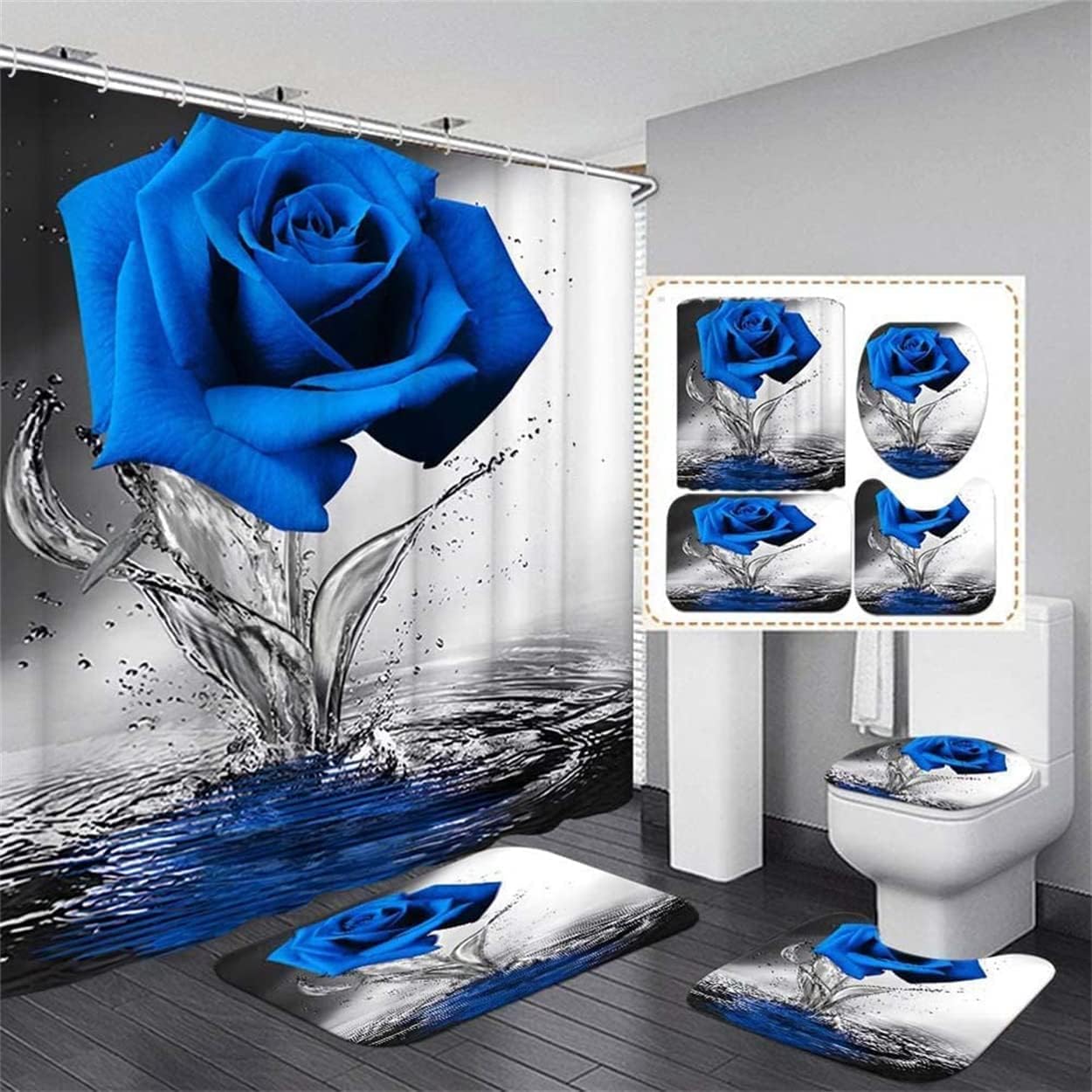 Blue Rose Bathroom Sets with Shower Curtain and Rugs Water