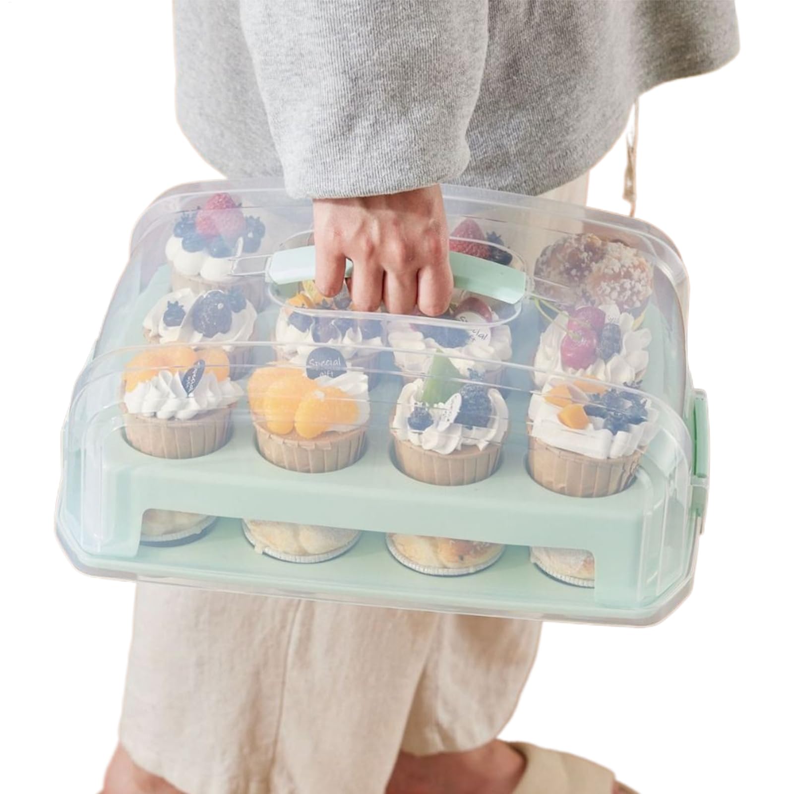 Generisch Portacupcakes con asa – PP 12,5 cm, 24 soportes para magdalenas, de almacenamiento de 2 niveles para el hogar, , Navidad, cumpleaños, postres, pasteles y galletas