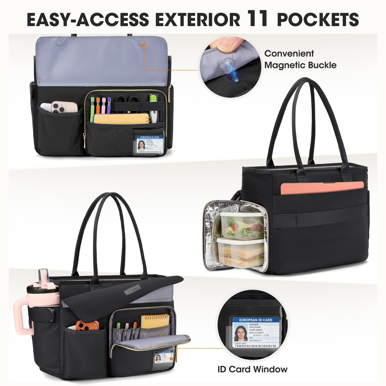 RAINSMORE Lehrertasche Damen mit Lunchfach 17.3 Zoll Laptoptasche Groß Isoliertes Fach Wasserdicht Arbeitstasche für Büro Uni Reisen Shopper Handtasche Schwarz