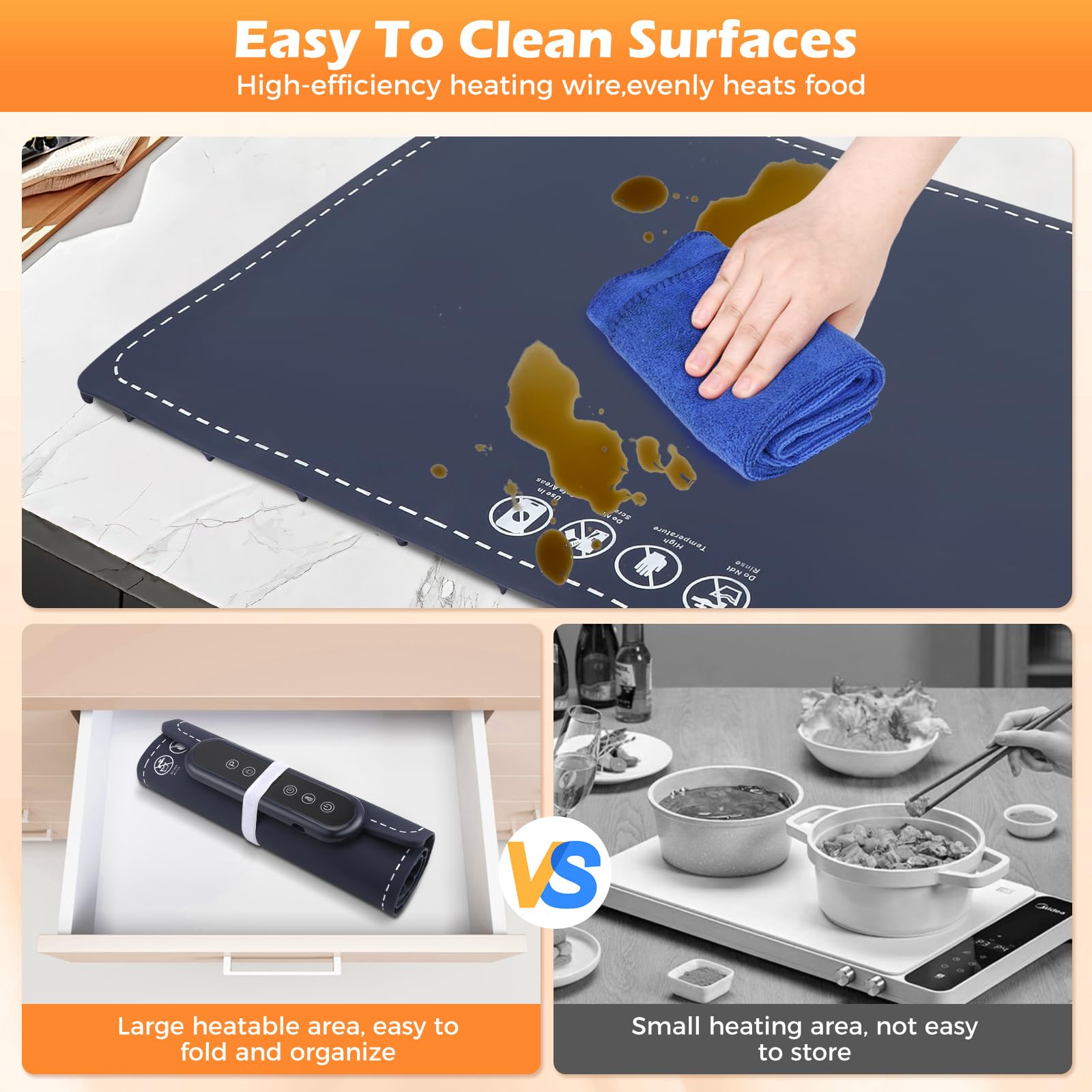 Chauffe Plat Électrique avec 6 Temp（50-100 °C), Laque Chauffante électrique Portable pliable en Silicone Affichage ℃/℉ Facile à Nettoyer pour Buffet, fête, Décongélation, Réceptions Garder au ChaudZ