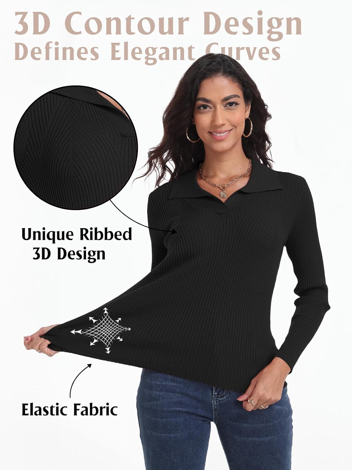 Feiersi Sweaters for Women Casual Trendy Lapel V Neck Long Sleeve Sweater Ribbed Knit Stretch Soft Pullover Shirt - Image 3