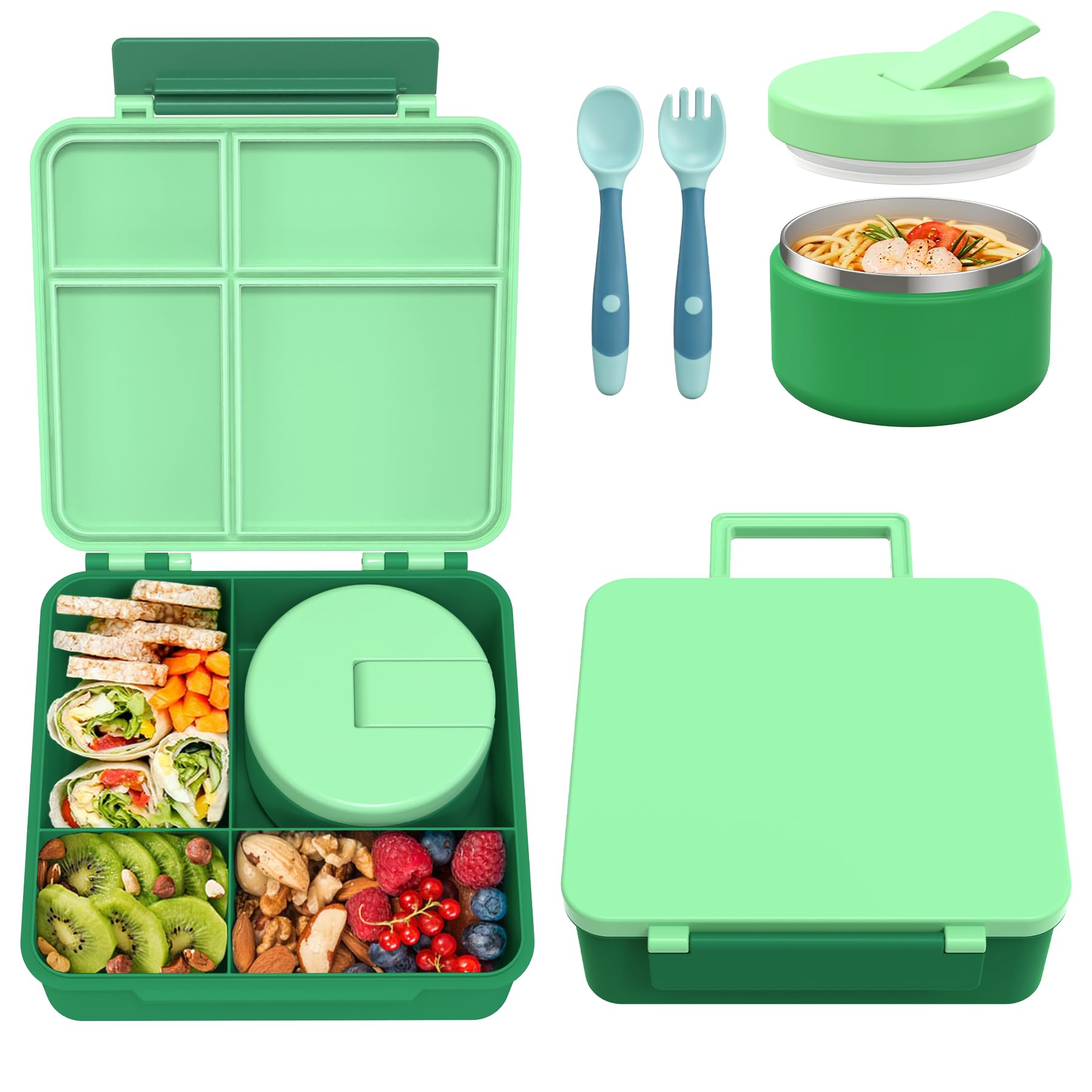 Itslife Fiambrera Infantil con 300ml Termo para Comida, Bento Box para Niños, Lunch Box con 4 Compartimentos y Cubiertos, sin BPA, Fiambrera para Niños a Prueba de Fugas, Verde