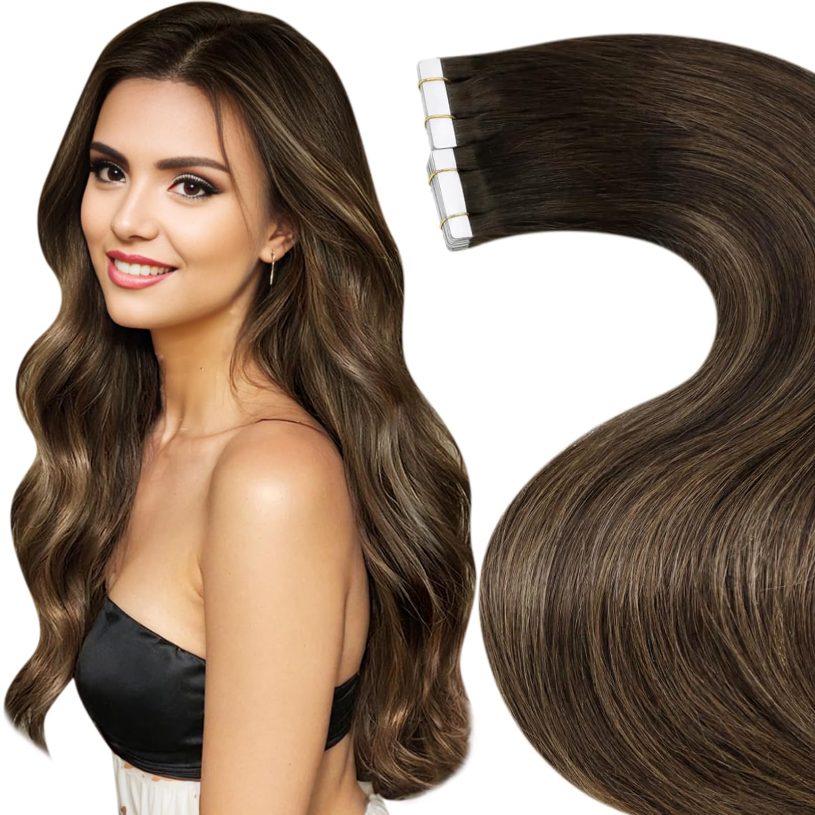 LaaVoo Tape in Hair Extensions Human Hair Dark Brown Tape Hair Extensions Real Human Hair Invisible Tapes Remy Straight Balayage Darkest Brown to Brown Hair Double Sided Tabs 20pcs 50g 16 Inch #2/8/2