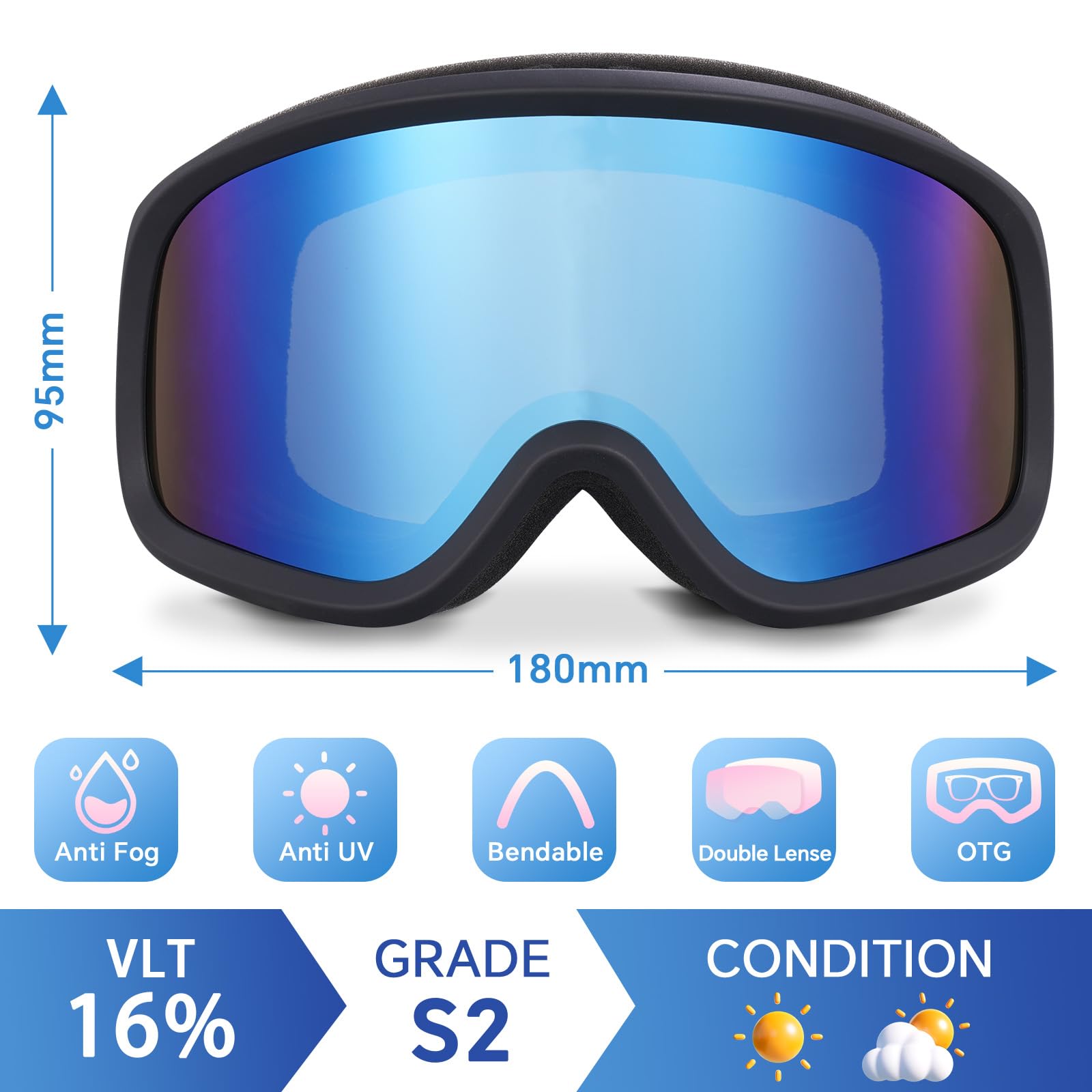 Keary Men's Women's Snow Goggles - Adult Youth OTG Winter Sports Goggles with 100% UV Protection and Anti-Fog Compatibility