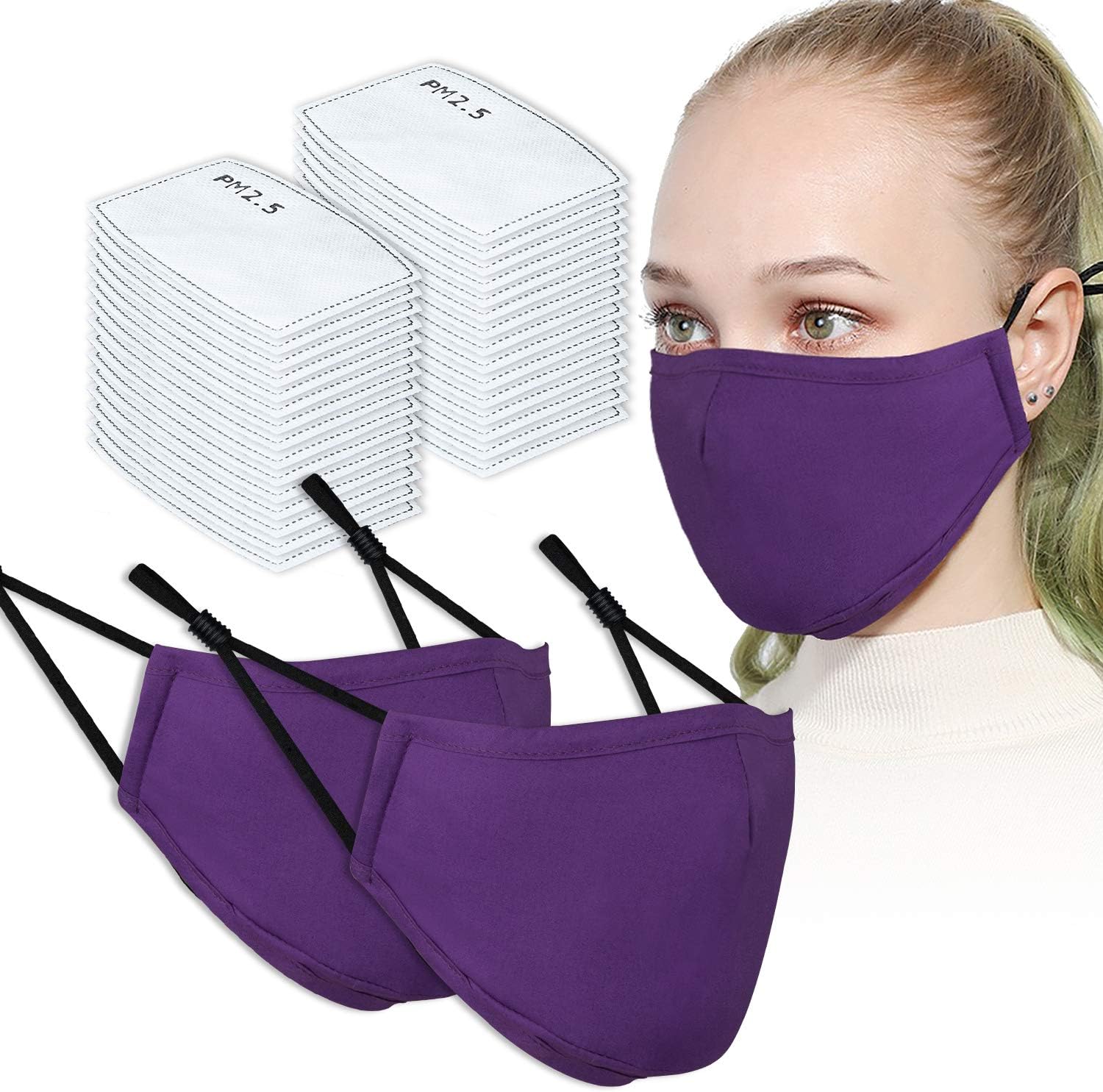 2PCS Adult Unisex Washable & Reusable Face Masks with Filter Pocket + 30PCS Filters (Purple)
