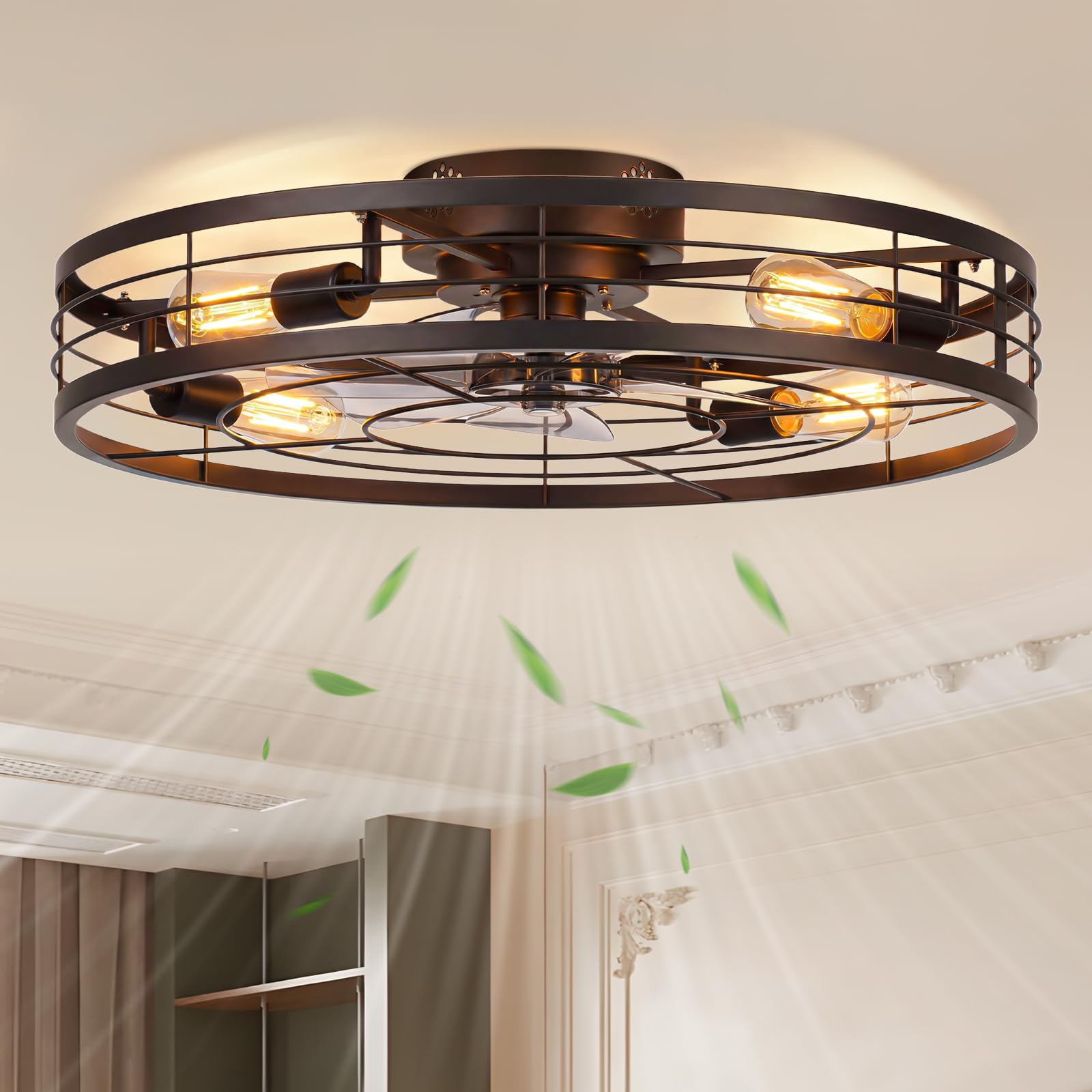 Photo 1 of VOLISUN 27.6'' Caged Ceiling Fan with Light and Remote,Rustic Low Profile Ceiling Fan with Light Flush Mount, Farmhouse Bladeless Fandelier Ceiling Fans with Lights for Kitchen,Bedroom-Black
