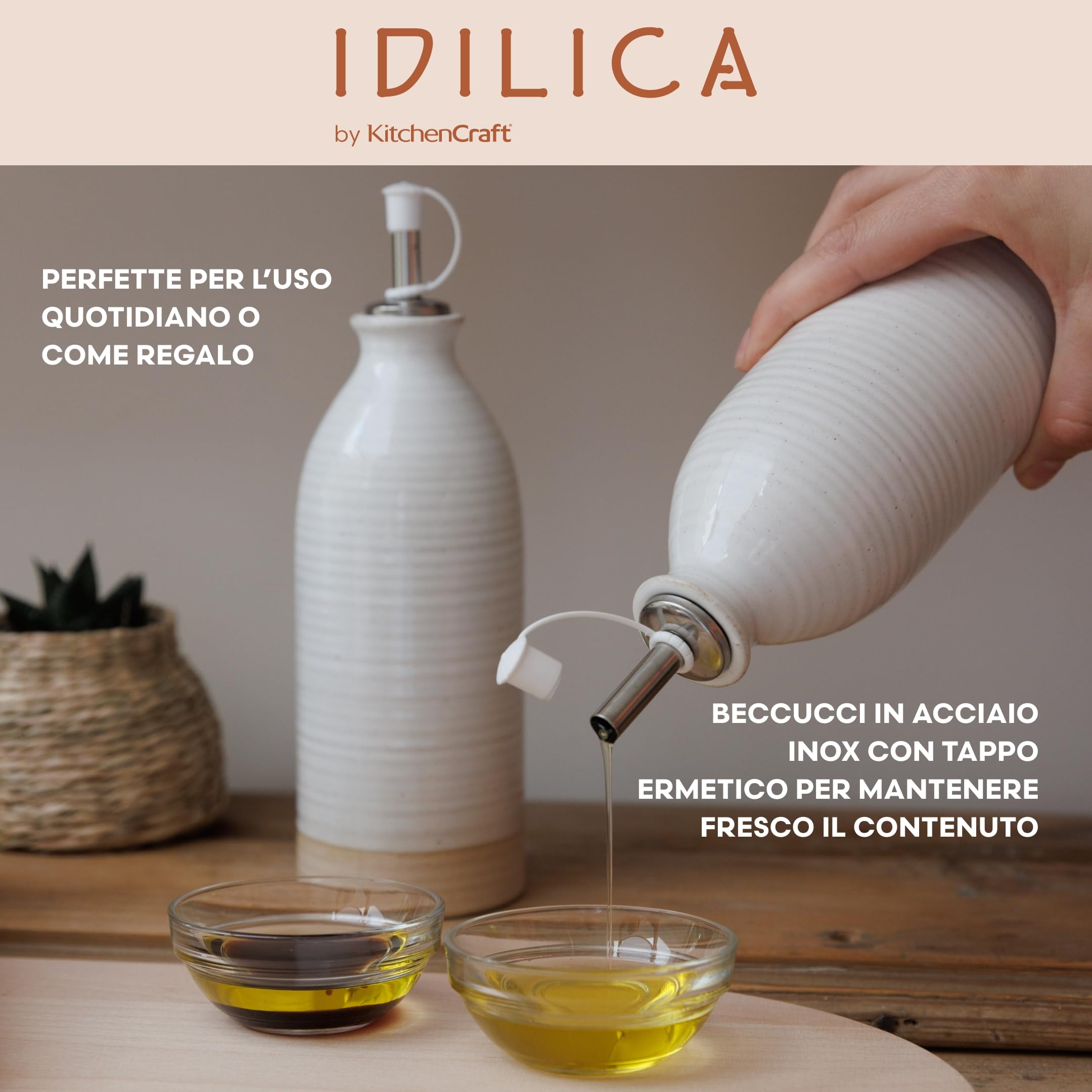 KitchenCraft Idilica Bottiglie per olio e aceto in gres, Set di 2 versatori per olio e aceto in ceramica con base non smaltata, crema, 45ml