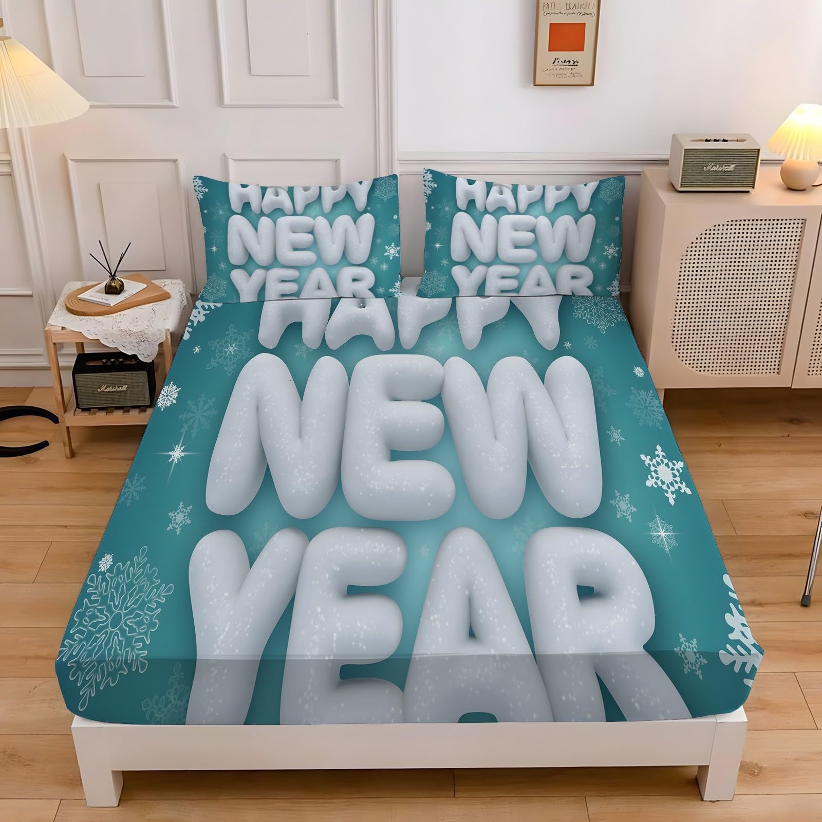 Sabana Bajera 135x190 FelizAñoNuevo Sabanas Bajeras Estampadas Copodenieve Sábana Bajera Ajustable Suaves, Elastico Funda Colchon con 2 Funda Almohada 50x80 cm, para Colchón de 30cm de Altura