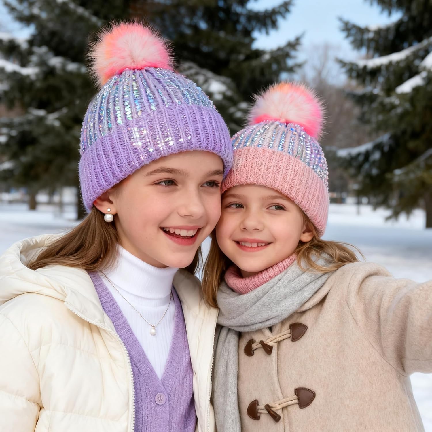 Kids Winter Knit Hat with Pompom - Sparkly Sequin & Pearl Rhinestone Beanie, Warm Ski Cap for Boys & Girls Ages 3-14 - Image 4