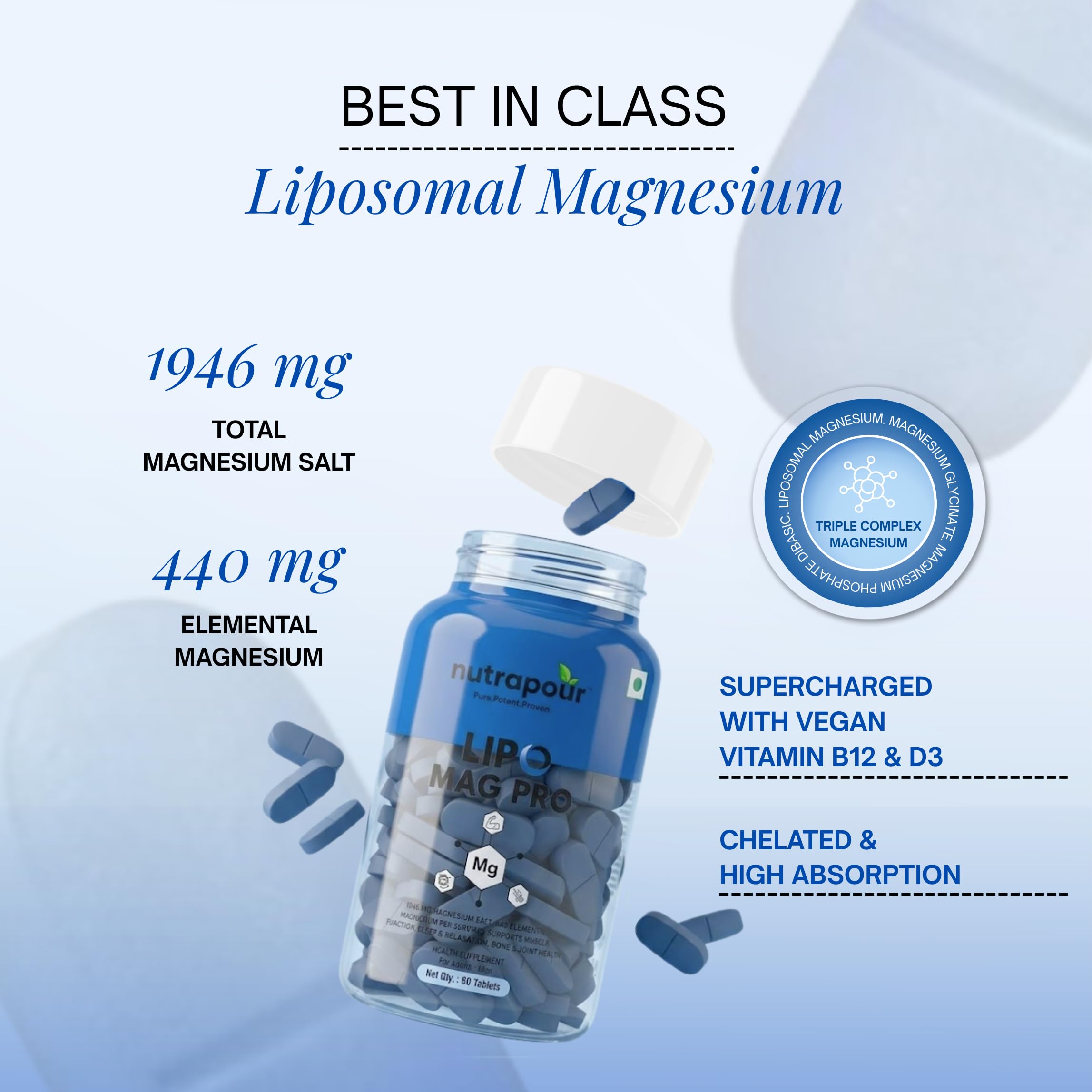 Lipo Mag Pro 1946mg India's First triple Magnesium Complex with Liposomal Technology |Supports Muscle Relaxation, Energy, Nervous System & Bones | Vitamin B12 & Vegan Vitamin D3, 60 Tablets — Amazon image 4