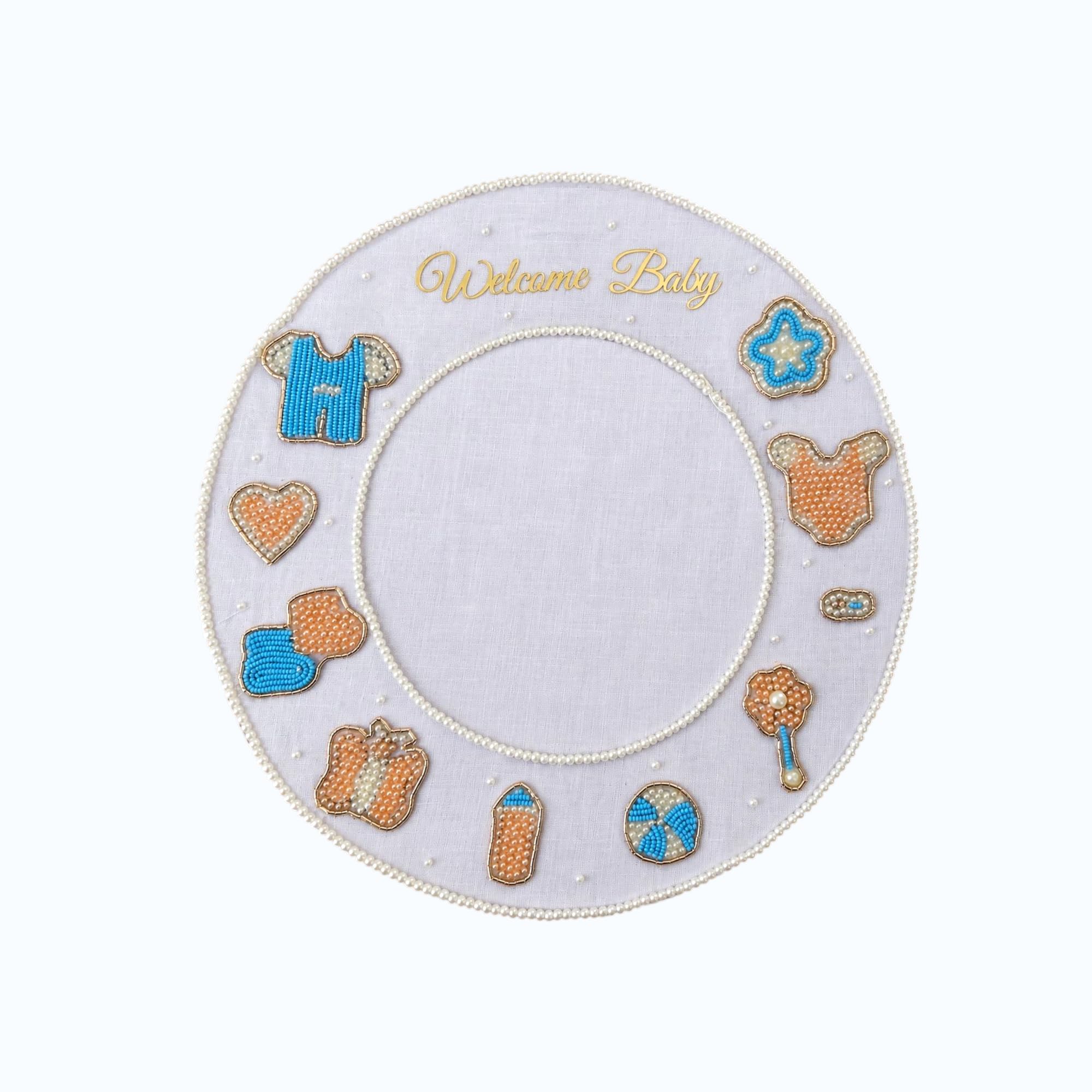 Newborn Baby Footprint Memory Frame, Welcome Baby Keepsake, Pearl and Bead Embroidery, Nursery Decor-image-44