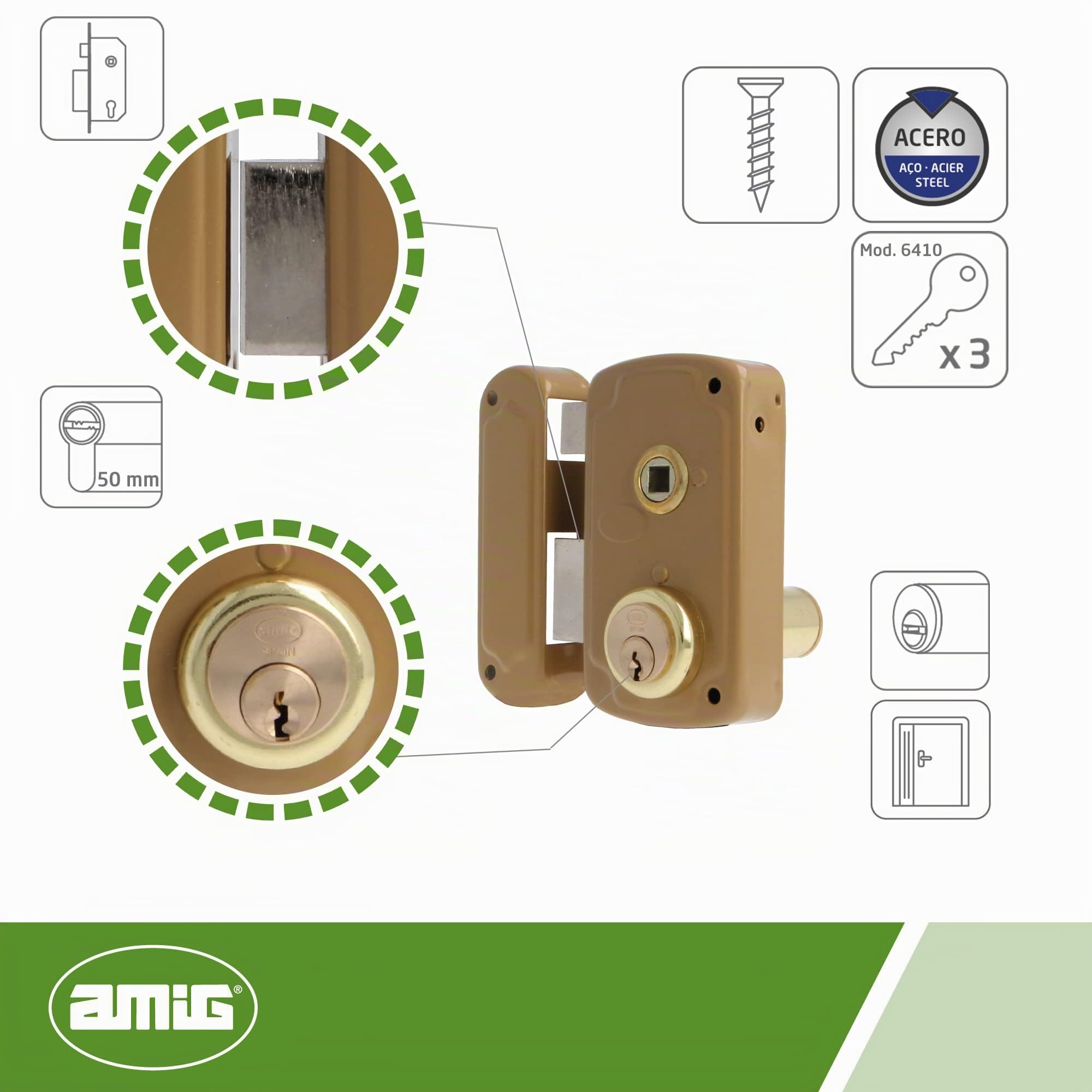Amig - Serratura da sovrapposizione a sinistra con leva di chiusura, linguetta e maniglia per porte in legno mod. 75UN 66 x 120 mm Cilindro rotondo di sicurezza in acciaio dorato