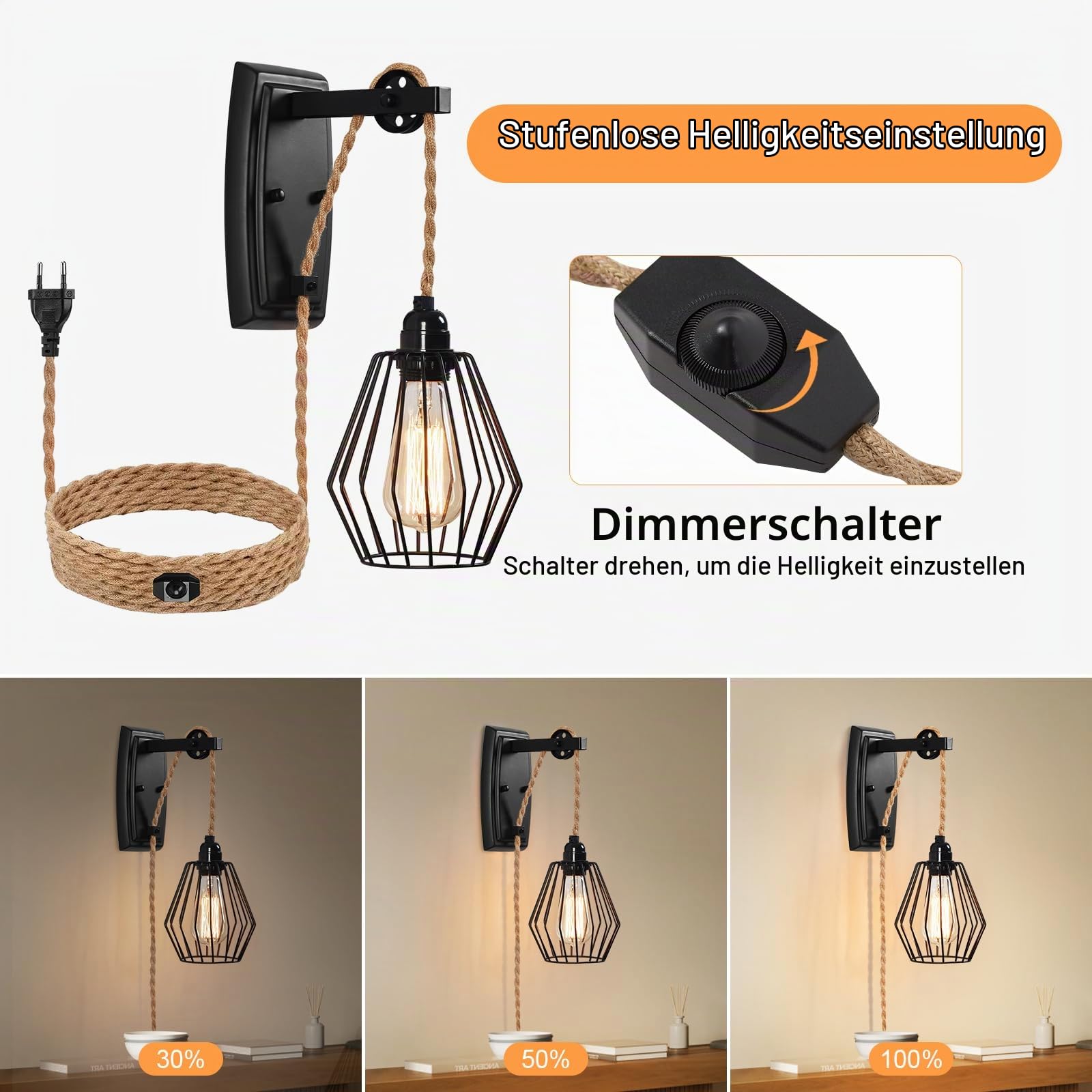 ENCOFT Wandleuchte mit Stecker E27 Wandleuchte Innen Dimmbar Schwarz mit Rollen Wandlampe mit Schalter 4M Kabel Wandbeleuchtung Wohnzimmer Schlafzimmer（Ohne Leuchtmittel）