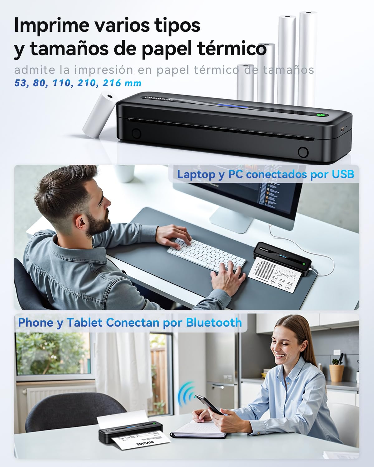 Phomemo M832 Impresora Térmica, Impresora Portátil A4 Compatible con Phone Mediante Bluetooth, Windows y macOS Mediante Cable USB, Impresora Sin Tinta para Viajes, Trabajo, Hogar, Negro