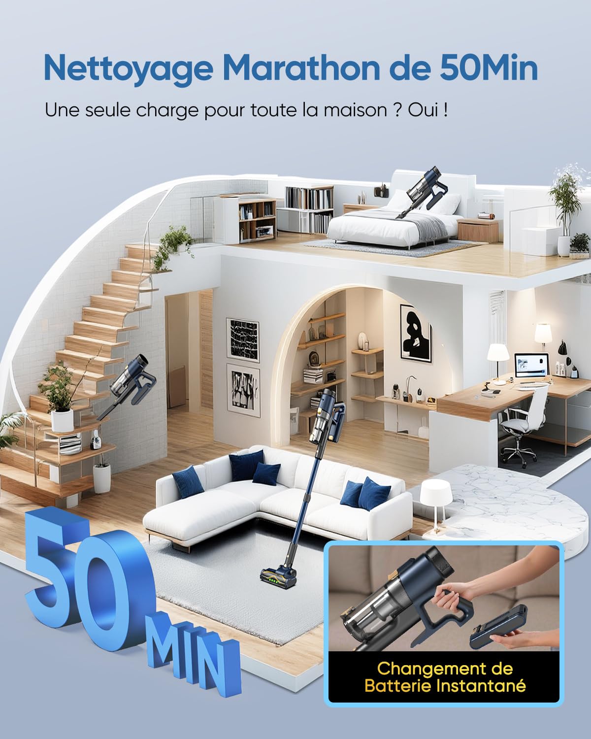 Vexilar Aspirateur Balai sans Fil V12, 50Kpa/50Min/450W Aspirateur sans Fil Puissant, Brosse pour Sol améliorée,Technologie GreenEye,Chargement Mural, Aspirateur pour Tapis,Sols,Poils d'animaux