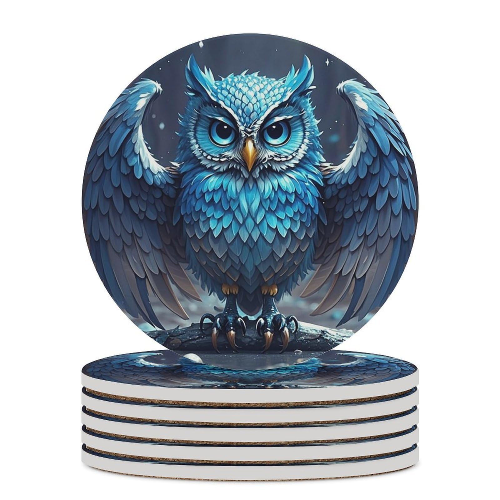 Blue Owl Coaster with Cork Base Drink Coasters for Coffee Table Decor Modern Cup Coasters with Non-Slip & Heat-Resistant Cute Ceramic Table Coaster for Home Dining