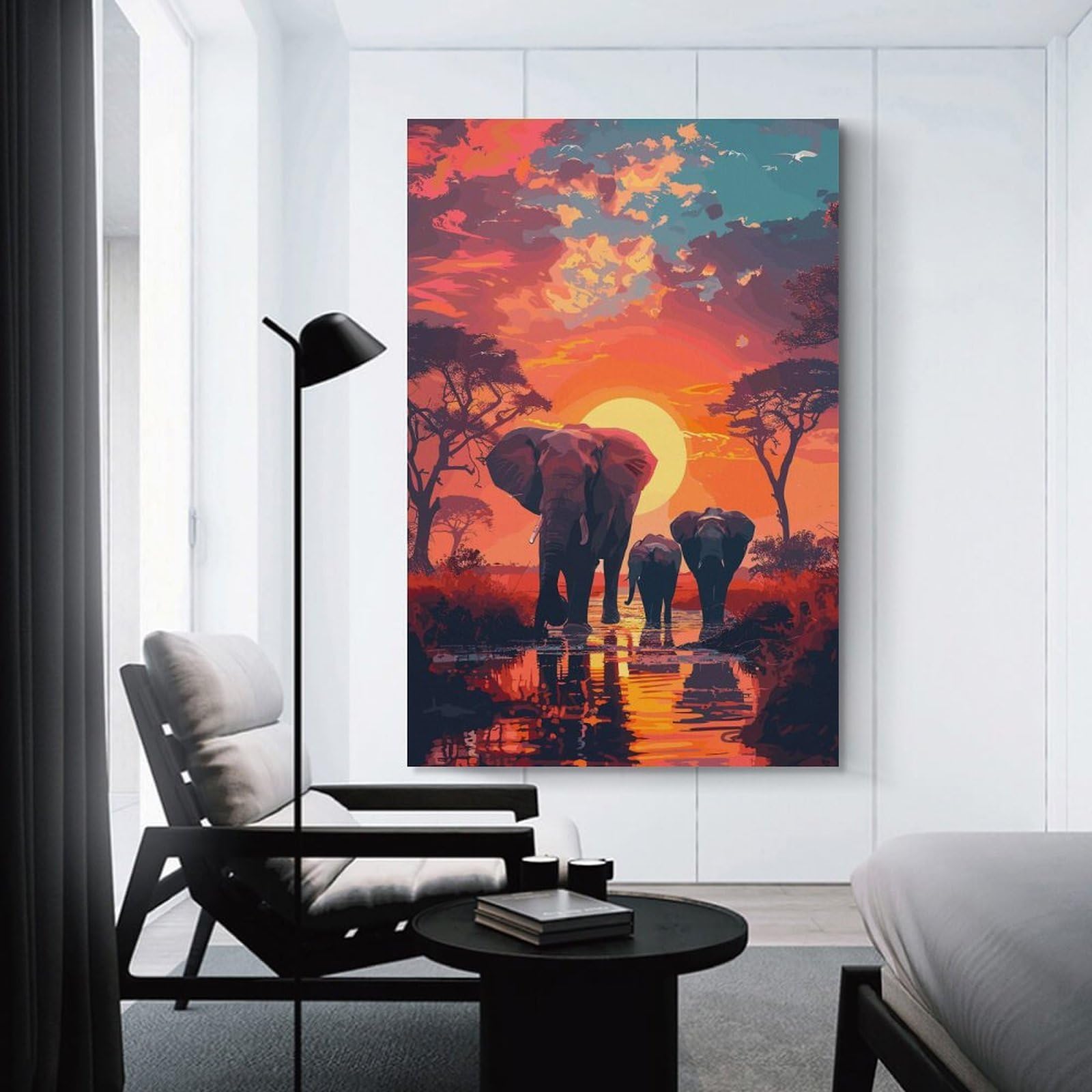 Junmoney Elephants Savanna Nature Wall Art Print 12x18inch(30x45cm), for Corridors, Hallways Or Apartment Entries, Wall Decor to Refresh Empty Corners
