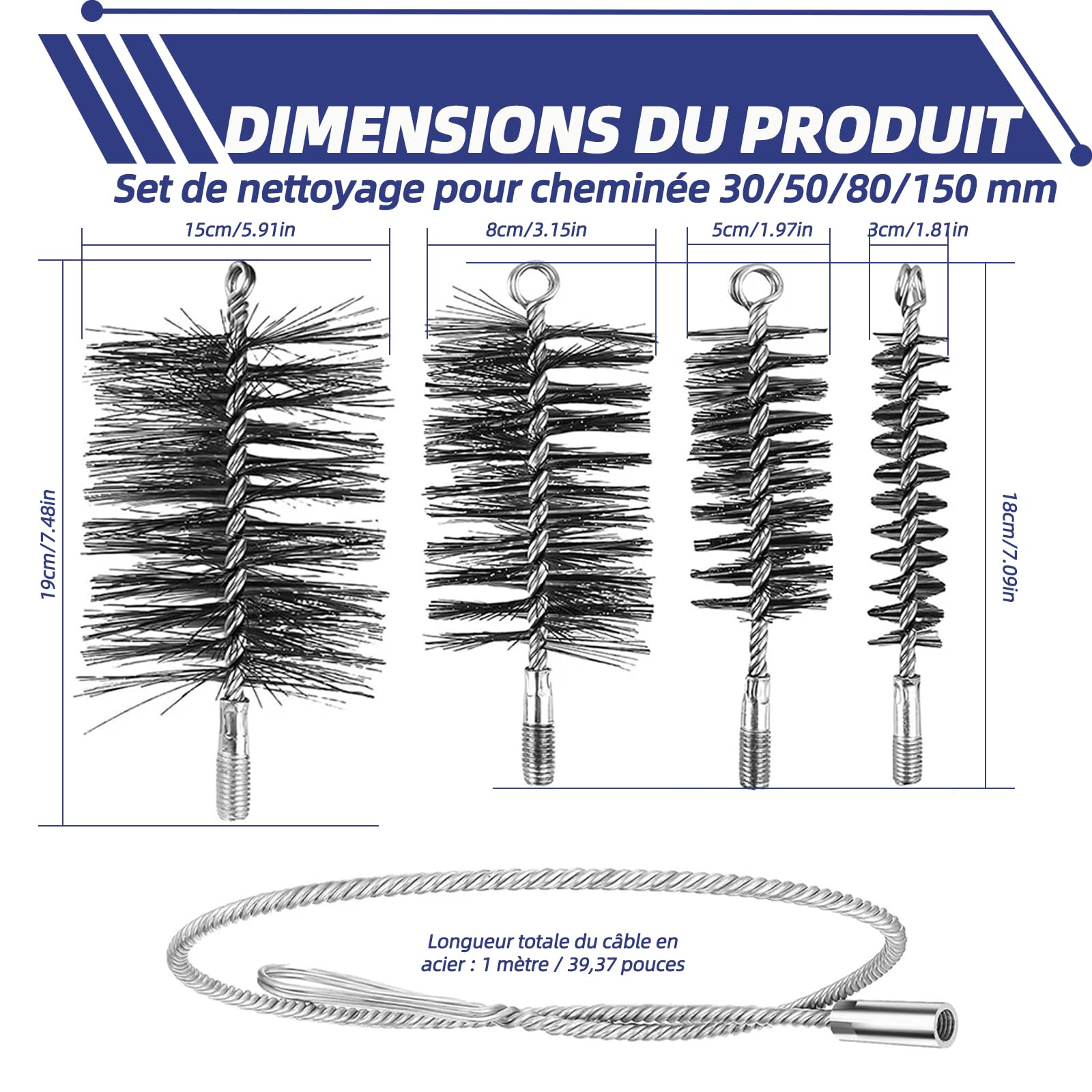 Lot de 4 brosses pour tuyau de poêle avec brosses de 30/50/80/150 mm, avec fil d'acier de 1 m et tige de poussée, balai de cheminée pour cheminée, tuyau de poêle et tuyau de fumée