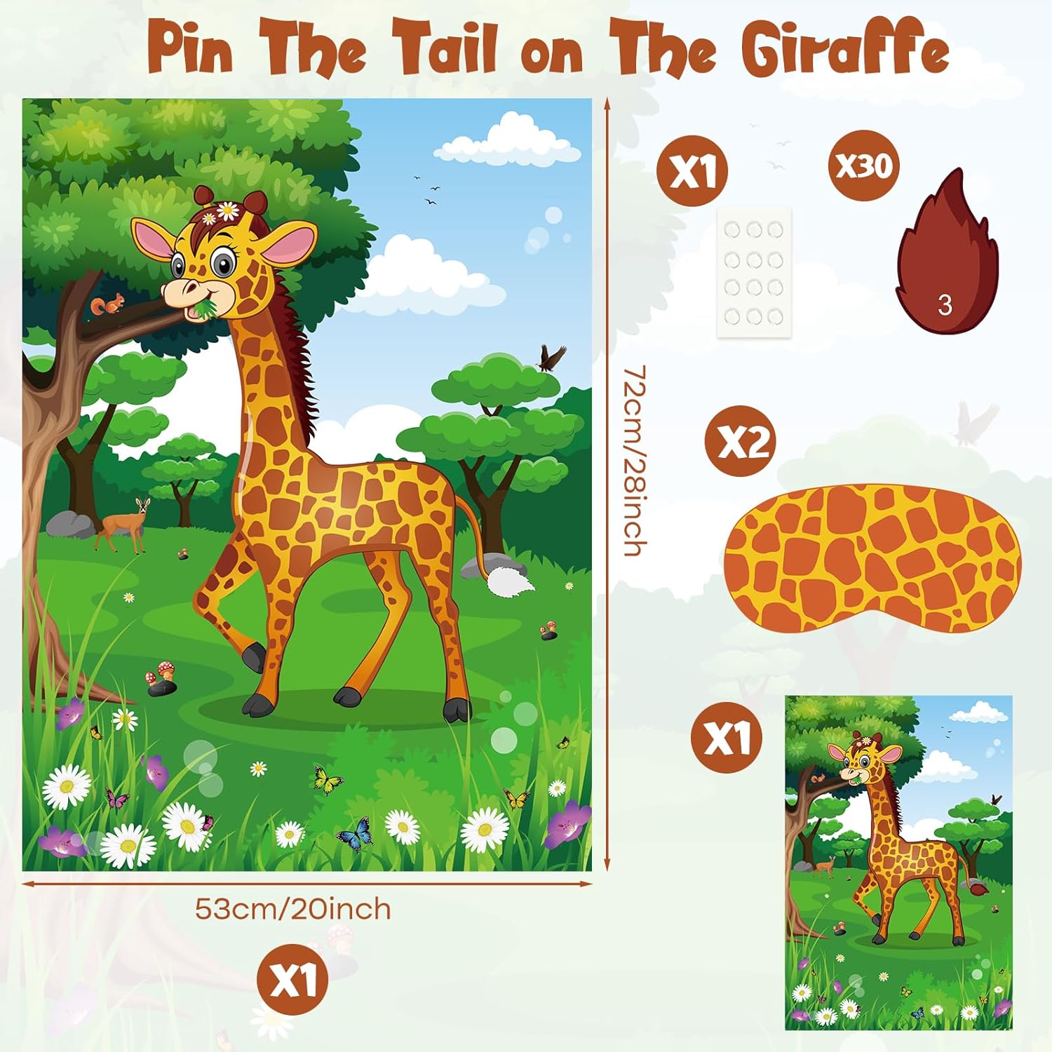PLULON Pin The Tail on The Giraffe Party Game, Birthday Games Big Giraffe Poster with Tail Stickers for Zoo Animal Party Favors Wall Decorations Birthday Activities Jungle Party Supplies